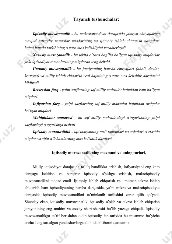 aratamiz. iqtisodiyot fan tarixida iqtisodiy muvozanatlik tushun–chasiga turlicha qarashlar mavjud bo’lib, ularni umumlashtirilgan holda ikkita yo’nalishga ajratish mumkin. birinchi yo’nalish bevosita «iqtisodiy muvozanatlik» tushunchasining vujudga kelish va rivojlantirilishining tarixiy bosqichlari bilan bog’liq bo’lib, bunda mazkur tushuncha «umumiy bozor muvozanati» sifatida talqin qilinishi darajasigacha etib keladi. bu yo’nalishda iqtisodiy muvozanatlikning ko’plab model-lari mavjud bo’lib ular turli davrlarda bu muammoga har xil qarashlarni aks ettirgan: 1. oddiy takror ishlab chiqarish modeli. (f. kene tomonidan xviii asrda frantsiya misolida tushuntirilib berilgan.) 2. oddiy va kengaytirilgan kapitalistik ijtimoiy takror ishlab chiqarish sxemasi. (xix asrda klassik iqtisodchilar tomonidan asoslab berilgan.) 3. erkin raqobat qonuni amal qilgan sharoitda umumiy iqtisodiy muvozanatlik modeli. (l. valras tomonidan asoslagan.) 4. «xarajatlar – mahsulot ishlab chiqarish» modeli. (v. lontev asos solgan.) 5. qisqa davrli iqtisodiy muvozanatlik modeli. (d. keyns tsiklik rivojlanishni tahlil qilish orqali ko’rsatib bergan.) iqtisodiy muvozanat nazariyasiga ilk fikrlar klassik siyosiy iqtisod asoschilaridan biri a. smitning «xalqlar boyligining …