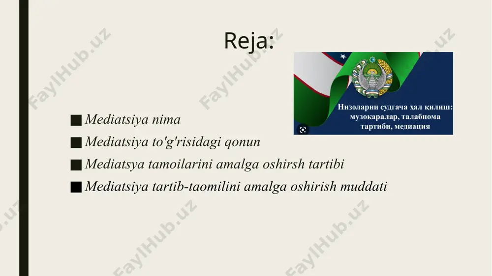 sosoan mediatsiya — ingliz tilidan tarjima qilinganda “vositachilik” maʼnosini anglatadi. u kelib chiqqan nizoni taraflarning oʼzaro maqbul qarorga erishish maqsadidagi ixtiyoriy roziligi asosida, xolis boʼlgan shaxs, yaʼni mediator koʼmagida hal qilish usulidir. bugungi kunda oʼzbekistonda mediatsiyaga oʼxshash yarashtiruv protseduralari turli nizolarni hal etishda qoʼllanib kelinadi. jumladan, fuqarolarning oʼzini oʼzi boshqarish organlari tomonidan nizolashayotgan taraflarni, xususan, qoʼshnilar oʼrtasidagi nizolarni, oilaviy nizolarni yarashtirish faoliyatini ham mediatsiyaning bir shakli sifatida koʼrish mumkin. jamiyatimizda avvaldan mahalla raislari qoʼshnilar, oila aʼzolari, er-xotin oʼrtasidagi nizolarni hal etish vazifasini, yaʼni mediator vazifasini bajarishgan. mediatsiya to'g'risidagi qonun oʼzbekiston respublikasi prezidentining imzosi bilan amaliyotga tatbiq qilingan “mediatsiya toʼgʼrisida”gi qonun muomalaga mediatsiyaga oid yangi tushunchalarni olib kirishi barobarida, jamiyat hayotining yana bir sohasini huquqiy jihatdan tartibga soladigan boʼldi. аyni paytda oʼzbekiston nizolarni hal qilishning muqobil usuli, mediatsiyadan foydalanishning dastlabki bosqichida turibdi. mediatsiya to'g'risidagi qonun mediatsya tamoilarini amalga oshirsh tartibi mediatsiya tartib-taomilini amalga oshirish tartibi mediatsiya tartib-taomilini amalga oshirish uchun taraflar …