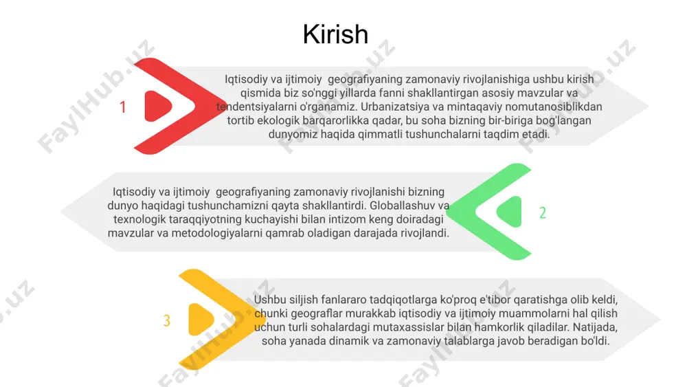 iy tuzilmalarning fazoviy taqsimotiga ta'sirini o'rganadi. urbanizatsiya zamonaviy iqtisodiy va ijtimoiy geografiyaning asosiy tendentsiyasi bo'lib, aholining taqsimlanishida sezilarli siljishlarga va shaharlarda iqtisodiy faoliyatning kontsentratsiyasiga olib keladi. urbanizatsiya jarayoni iqtisodiy geografiyaga chuqur ta'sir ko'rsatadi, chunki u sanoat, bozorlar va ishchi kuchlarining fazoviy taqsimotini shakllantiradi, mintaqaviy rivojlanish va global iqtisodiy naqshlarga ta'sir qiladi. shaharlar o'sishda va rivojlanishda davom etar ekan, urbanizatsiya dinamikasini tushunish zamonaviy geografiyadagi iqtisodiy , siyosiy va ijtimoiy kuchlar o'rtasidagi murakkab o'zaro ta'sirni tahlil qilish uchun juda muhimdir. 1 2 3 04 iqtisodiy va ijtimoiy geografiyaning zamonaviy rivojlanishiga globallashuv katta ta'sir ko'rsatdi. bu butun dunyo bo'ylab iqtisodiyot va madaniyatlarning integratsiyalashuviga olib keldi, migratsiya va urbanizatsiya kuchayishi orqali ijtimoiy geografiyaga ta'sir ko'rsatdi. 3 globallashuv turli jamiyatlar oʻrtasida oʻzaro bogʻliqlik va oʻzaro bogʻliqlikni vujudga keltirish orqali ijtimoiy geografiyaga ham taʼsir koʻrsatdi. bu g'oyalar, texnologiya va kommunikatsiyalarning tarqalishiga olib keldi, bu esa ijtimoiy landshaftlarning bir xillashishi va diversifikatsiya qilinishiga olib keldi. 2 1 …