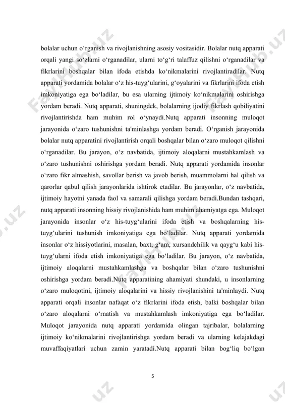 zamin yaratadi.nutq apparati bilan bog‘liq bo‘lgan muammolar, masalan, nutq kamchiliklari yoki tovush chiqarishdagi qiyinchiliklar, inson muloqotining samaradorligini pasaytirishi mumkin. bu holatlarda, nutq apparatini rivojlantirishga qaratilgan maxsus dasturlar va yondashuvlar ishlab chiqilishi zarur. nutq kamchiliklari bo‘lgan bolalar uchun individual yondashuvlar va metodlar yordamida ularning nutq apparatini rivojlantirish va muloqot ko‘nikmalarini oshirish mumkin. bu jarayon, bolalarning o‘zlariga bo‘lgan ishonchlarini oshirish, ijtimoiy aloqalarda muvaffaqiyat qozonishlariga yordam beradi. natijada, nutq apparati inson muloqotida muhim ahamiyatga ega bo‘lib, u fikrlarni ifoda etish, his-tuyg‘ularni tushunish va ijtimoiy aloqalarni mustahkamlashda zarur vosita hisoblanadi. nutq apparatini rivojlantirishga qaratilgan yondashuvlar va metodlar, insonlarning ijtimoiy hayotida muvaffaqiyat qozonishlariga yordam berishi, shuningdek, o‘zaro tushunishni oshirishga xizmat qilishi mumkin. nutq apparatining ahamiyatini e'tiborga olish va uni rivojlantirishga qaratilgan tadbirlarni amalga oshirish, insonlarning umumiy rivojlanishi va ijtimoiy hayotda muvaffaqiyat qozonishlari uchun muhimdir. nutq apparati insonning muloqot jarayonida muhim rol o‘ynaydigan murakkab fiziologik tuzilma bo‘lib, u orqali odamlar o‘z fikrlarini ifodalash, o‘zaro aloqa qilish …