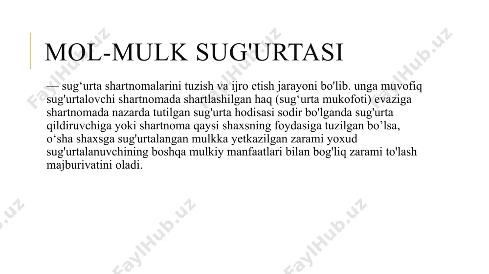 ishi natijasida vujudga keladigan zarba to'lqinlari tufayli yuzaga kelgan shikastlanishlar kirmaydi. bu qo'shimcha shart odatda «ovoz zarbasi haqida qo'shimcha shart» deb ataladi. yer usti transport yoki temir yo‘l transportining yirik hayvonlar bilan to‘qnashib ketishi. dastlab bu qo'shimcha shart sug'urta qildiruvchining transport vositalari bilan bog‘liq bo'lgan, lekin hozirgi kunda boshqa variantlar ham mavjud. polis «o‘zining transport vositasi» ni shikastlanishdan himoya qilgan holda sug'urta summasini oshirish usulidan foydalaniladi. zarar o'mini to'ldirish odatda o'g'irlik yoki o'g'irlikka urinib ko'rish oqibatida yetkazilgan zarami, jumladan, binolarga shikast yetkazilishini qamrab oladi. biroq istisno holatlar ham mavjud bo'lib, bunda zarar o'mini to'ldirish to'liqsiz hajmda amalga oshiriladi yoki urnuman amalga oshirilmaydi. bu quyidagi holatlarda kuzatiladi: til biriktirish fosh qilinganda: obyektda ishlaydigan personal, yoki sug urta qildiruvchi, yoki uning oila a’zolari o'g'rilar bilan til biriktirgan bo'lsa; yetkazilgan ziyon mamlakat hududidan tashqarida yetkazilgan bo isa, sug'urta maxsus shartlarda amalga oshirilgan bo'lsa. masalan, «barcha risklardan» shartida sug'urta amalga oshirilgan; naqd pul va …