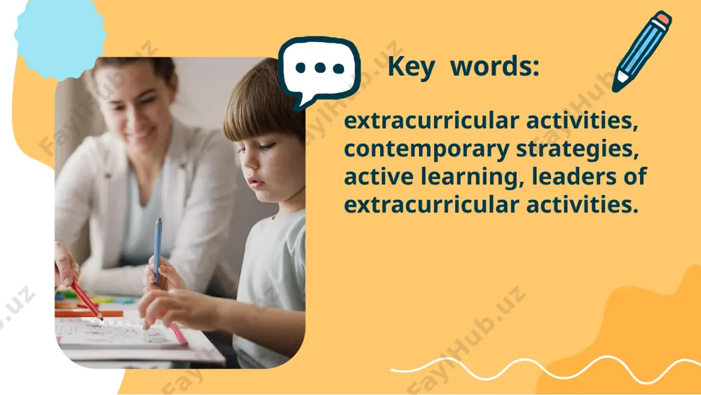 ting extracurricular activities with students. the pedagogical role of a teacher involved in extracurricular activities is manifested in: 1. assisting 3. counseling 2. coordinating 4. teaching and directing learners towards a correct, cultured and rational usage of leisure time. a professional teacher, an interested group of students, a classroom equipped with adequate means and aids, investing effort into an activity, and also the support and understanding of the school and the environment are all prerequisites for the quality implementation of extracurricular activities and the enrichment of students' experiences. work strategies in extracurricular activities 03 the programme of every activity ought to respect not only the needs of the pupils, but also the needs of the school and the community. when organizing extracurricular activities, the teacher ought to be acquainted with these factors: 01 the affinities of pupils and teachers, 02 planned activities, the manner in which activities are conducted, 03 …