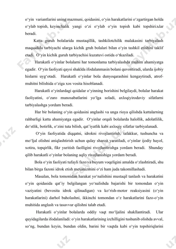 n faoliyati tufayli fazo va buyum voqeligini amalda o‘zlashtiradi, shu bilan birga fazoni idrok etish mexanizmini o‘zi ham juda takomillashadi. masalan, bola tomonidan harakat yo‘nalishini mustaqil tanlash va harakatini o‘yin qoidasida qat’iy belgilangan yo‘nalishda bajarishi bir tomondan o‘yin vaziyatini (bevosita idrok qilinadigan) va ko‘rish-motor reaksiyasini (o‘yin harakatlarini) darhol baholashni, ikkinchi tomondan o‘z harakatlarini fazo-o‘yin muhitida anglash va tasavvur qilishni talab etadi. harakatli o‘yinlar bolalarda oddiy vaqt mo‘ljalini shakllantiradi. ular quyidagilarda ifodalaniladi: o‘yin harakatlarining izchilligini tushunib olishda avval, so‘ng, bundan keyin, bundan oldin, barini bir vaqtda kabi o‘yin topshiriqlarini signalga ko‘ra, bolalar uchun belgilangan muddat doirasida tez bajarishida ko‘rinadi. bu o‘yinlarga bolalar fazoda mo‘ljal olishni, harakatlar izchilligi va ularga vaqt davomida amal qilishni mashq qiladi. o‘yinlar mazmunini, butun o‘yin vaziyatini, uning qoidalarini, personajlar harakatini mustaqil tushuntirish, bolalarning joylashish o‘rnini, o‘yin atributlarini va harakat yo‘nalishlarini fazoviy iboralarni ishlatgan xolda ko‘rsatish, o‘tkazilgan o‘yinga baho berish bolalarning aqliy rivojlanishiga xizmat qiladi. harakatli o‘yinlar katta …