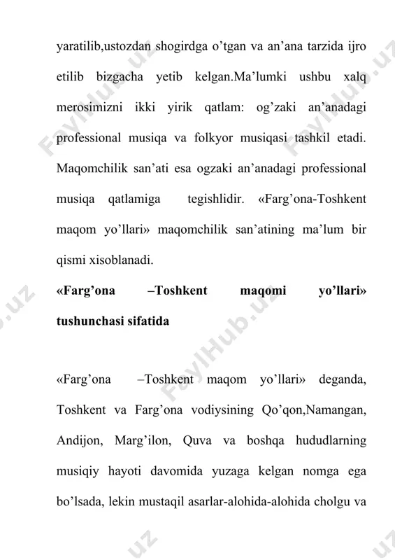 i», «xo’jand ushshogi» yoki «sodirxon xofiz ushshog’i» va boshqalar. mazkur asarlarni ustozlardan o’rganib,bizgacha yetib kelishida kata xissa qo’shgan yetuk xofizlar: sh.shoumarov, to’ychi xofiz, shajalil xofiz, sodirxon xofiz, rajabiylar, rasulqori mamadaliyev kabi ustoz san’atkorlarning xizmatlari kata. bastakorlardan t.jalilov,o.xotamov, f.mamadaliyev va boshqalar.yana bir turdagi asarlar borki, ularning xam cholg’u,xam ashula yo’llari mavjud. masalan: «yovvoyi chorgoh», «yovvoyi ushshog’», «yovvoyi tanovar»(ashula va cholg’u yo’llari). shu o’rinda aytish joizki ,xozirgi kunda istalgan ashula yo’lini moxir sozandalarimiz cholg’u yo’lida ijro etib yuradilar.bunda ashula partiysini biror bir cholg’u (mas,g’ijjak,nay vа boshqalar) ijro etishi mumkin. farg’ona-toshkent maqom ashula va cholg’u yo’llari «shashmaqom» tarkibidagi bir qator sho’ba,shoxobcha va turkumlarga kuy xarakati, shakl,usullar va boshqalar jixatlari bilan yaqin bo’lsada,ammo o’z mohiyatiga ko’ra «shashmaqom»ning ko’chirmasi emas. bayot, dugohi, xusayniy vа chorgoh yo’llari shashmaqomning shu nomlari bilan atalgan sho’balari asosida yaratilgan bo’lib, shahnozi gulyor esa turli maqom, turli maqom sho’balari,ayniqsa rost,segoh maqomi sho’balari asosida yuzaga kelgan. maqomshunos olimlar farg’ona-toshkent maqom yo’llari haqida …