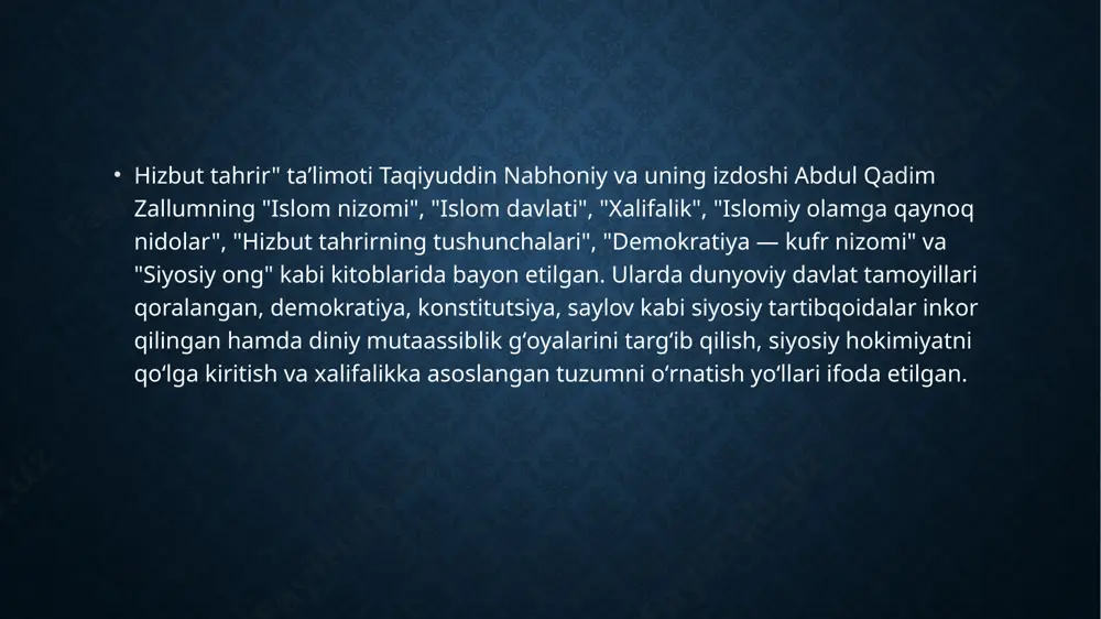 g 1999-yil 16-iyundagi "din niqobi ostidagi dinbuzarlik haqida"gi fatvosida "hizbut tahrir" va boshqa buzgʻunchi toifalar faoliyati qattiq qoralangan. "hizbut tahrir" rahbarlari oʻe chiqishlarida goʻyoki faqat gʻoyaviy kurash usullaridan foydalanishlarini eʼlon qiladilar. biroq, tashkilot mafkurasini ifodalovchi hujjatlar, shuningdek, "hizbut tahrir" aʼzolarining qator musulmon davlatlarida amalga oshirgan terrorchilik harakatlari buning aksini koʻrsatadi. e’tiboringiz uchun rahmat. /docprops/thumbnail.jpeg