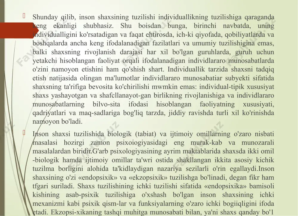 ologiyasini anglab yetish uchun zarur, lekin yetarli bo'lmagan tizimli tarzda tuzilishi kiradi. shu tariqa shaxs tuzilishining birinchi tarkibiy qismi uning individ ichkarisidagi (introindivid) kichik tizim alohida namoyon boiadi. introindivid va inter kichik tizimlari shaxsning o'zini namoyon qilishning barcha jihatlarini aks ettira olmaydi. shaxsning tuzilishini tarkib toptiradigan uchinchi bir qismni metaindivid (individning ustki ko'rinishi) kichik tuzilishini ham alohida ko'rsatish imkoniyati mavjud.shunday qilib, inson shaxsining tuzilishi uchta tarkibiy qismdan, uchta kichik tizimdan iborat: shaxsning individualligi, uning shaxsla-raro munosabatlar tizimida va boshqa - odamlarda gavdalanganligi hamda shaxsning o'zi kelib chiqishiga ko'ra individlararo ijtimoiy munosabatlar va aloqalar subyekti sifatida mavjud bo'lishiga barcha uchala jihatning birligida ta'riflangan bo'lishi shart. 2. shaxsning faolligi va yo'naltirilganligi kishining tevarak atrofga munosabati, hamkorlikdagi faoliyati va ijodiy ish jarayonida namoyon bo'ladigan ijtimoiy ahamiyatga molik o'zgarishlar qilish layoqati shaxsning faolligi sifatida tushuniladi. shaxs faolligining ancha umumiy tarzdagi, birikma holidagi ta'rifi uning g'oyaviy prinsipligida, o'z nuqtai nazarini izchil himoya qila borishida, so'zi …