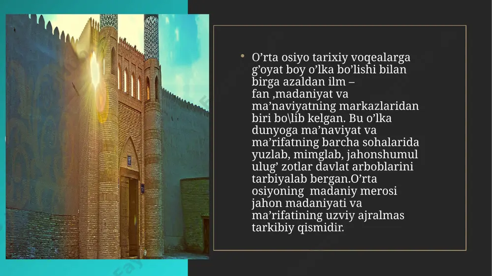 ( ) ilmiy merosi biz uchun bebaho xazinadir. u oz umri davomida 450 dan ortiq asarlar yaratgan. uning tib qonunlari nomli 5 jilddan iborat kitobi asrlar davomida sharq va evropada medistina boyicha asosiy qollanma bolib xizmat qilib kelmoqda. ibn sino yoshligida zor mehnat, izlanish, gayrat bilan ilmlarni organishga kirishgan. u bu haqida shunday yozadi: uyquga ketgan vaqtimda ham ongimdagi masalalarni korardim. shu holatda kop masalalar tushumda menga ayon bolardi... shu zaylda hamma ilmlarni, mustahkam egallay oldim. insonning imkoniyat darajasida egallaydigan darajada bilimni egallab oldim. aristotelning metafizikasini qirq bir marta qayta oqidim. u menga hatto yod bolib ham qoldi. lekin shunday bolishiga qaramay, men uni va uning maqsadlarini tushuna olmasdim, - deb yozadi u tarjimai holida. ibn sino bu muammoni farobiyning aristotel metazifikasiga yozgan sharhini oqib hal qiladi. ibn sino umrining kop qismini sarsonlikda otkazishga qaramay – matematika, astranomiya, fizika, kimyo, biologiya, farmakologiya, psixologiya, filologiya, falsafa va tabobat sohasida barakali ijod …