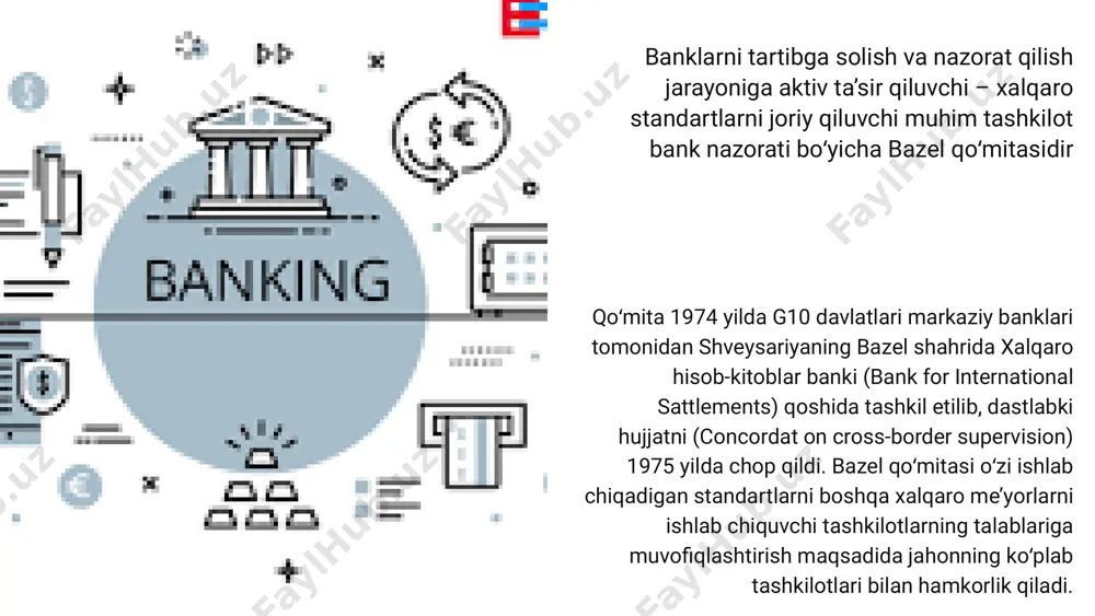 orqali bozor intizomining ta’minlanishiga imkon yaratilishi zarur; 3. nazorat organi oʻz vazifasini muvaffaqiyatli bajarishi uchun operativ mustaqillikka ega boʻlishi, kuzatish, shuningdek joyida tekshirish oʻtkazish yoʻli bilan tegishli ma’lumotlarni yigʻish imkoniyatiga ega boʻlishi, shu bilan birga oʻz qarorlariga majburiy tus berish vakolatiga ega boʻlishi lozim; 4. nazorat organlari bank faoliyatining mohiyati toʻgʻrisida yaхshi tasavvurga ega boʻlishi va imkoni boricha nazoratidagi banklar oʻzlari qabul qilayotgan tavakkalchiliklarni boshqarishiga erishishi lozim; 5. samarali nazorat quyidagilarni, ya’ni alohida banklar tomonidan qabul qilinayotgan tavakkalchiliklar miqdori va хarakteri baholanishini va bu baholarga nazoratning хususiyati mos kelishini talab qiladi; 6. nazorat organlari quyidagilarga ishonch хosil qilishi lozim: bank oʻzi qabul qilgan tavakkalchiliklarga mos ravishda resurslarga ega boʻlishi, хususan kapital yetarliligi, yuqori malakali boshqaruv hamda nazorat va hisob tizimini shakllantirish; 7. nazorat organlari oʻzaro uzviy hamkorlikda ishlashi zarur. bazel i hujjati regulyatorlar (aksariyat davlatlarda markaziy bank) tomonidan banklar ustidan nazoratning unifikatsiyalashgan umumjahon tizimini yaratishda asos vazifasini bajardi. mamlakatimizda 1998 …