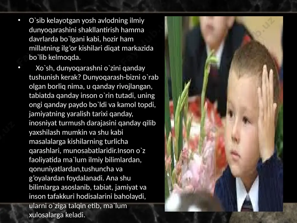 hilari bo`lishlik, tahlil yo`li bilan umumlashtira bilishni talab qiladi. . aql va bilim tajriba orqali qo`lga kiradi. demak, bilimli odam aqlli, mulohazali ham bo`ladi. biroq, ilmiy dunyoqarashni shakllantirishda gen (zot) ning ham juda ahamiyati katta. oldingi yevropalashtirilgan ta`lim va tarbiya uslubimizda qilingan xatolardan eng buyugi, bizningcha, zotga e`tibor bermaslik bo`lib, biz ta`lim oluvchining qobiliyatiga, uning zotiga e`tibor berib o`tirmay, agar yetarli bilimni bersak kutilgan shaxs shakllanaveradi, deb o`ylashimiz kerak edi o`zbekiston prezidenti i. karimovning bozor iqtisodiga o`tishda o`zbekistonning o`z taraqiyot yo`li borligi haqidagi 5 tamoyilini bilish ilmiy dunyoqarashni muhim elementidir.bular: 1) iqtisodning siyosatdan ustun bo`lishligi; 2) iqtisodni boshqarishda davlat asosiy isloxotchi bo`lishi; 3) qonunga hammaning itoat qilishligi; 4) kuchli ijtimoiy siyosat yurgizib, aholini kam ta`minlangan qismini ijtimoiy muhofaza qilish; 5) bozor iqtisodiga o`tishda shoshma-shosharlikka yo`l qo`ymay bosqichma-bosqich o`tish kabilardir. ilmiy dunyoqarashni amalga oshirishda kishi narsa va buyumlarning, voqea va hodisalarning ko`rinib turgan ifodasiga, shakliga qarab emas, balki ularning ichki mohiyatiga, …