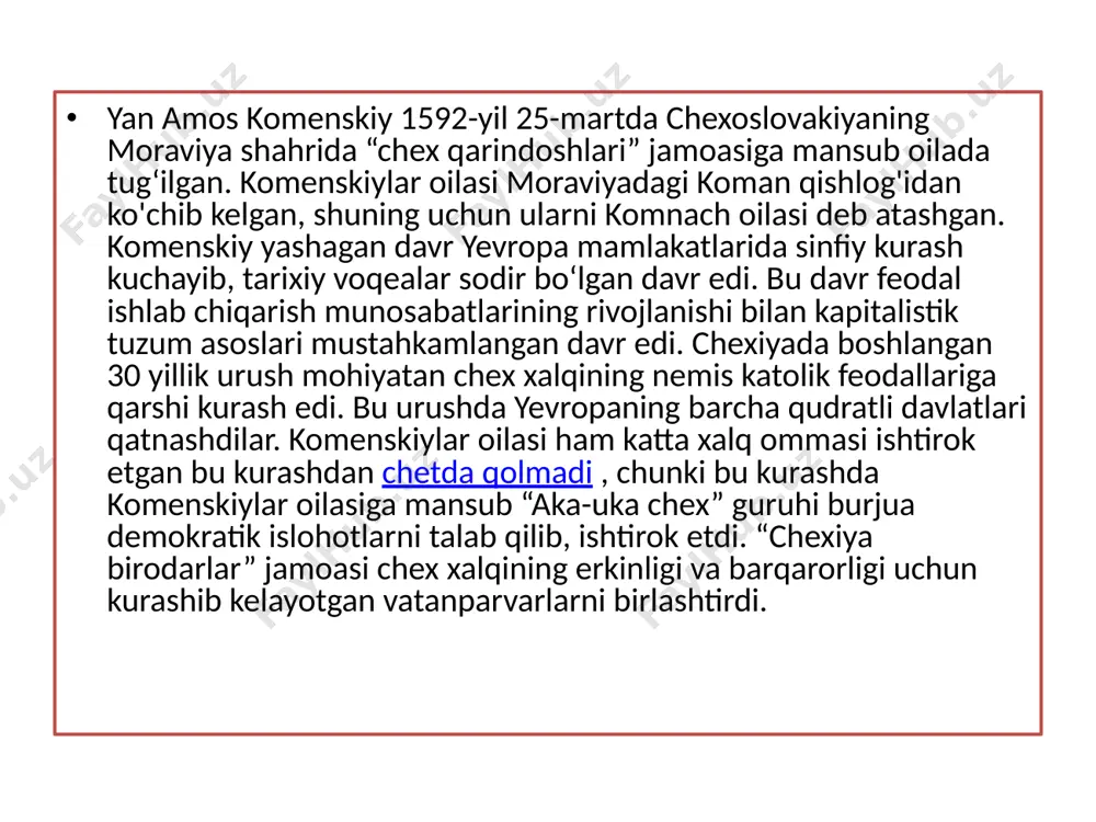 uchun yagona turdagi maktab bo'lishi kerak. uning jinsi, tabaqasi va ota-onasining boyligidan qat'i nazar, barcha bolalarga umumiy majburiy ta'lim berilishi kerakligi haqidagi talablari uning qalbiga singib ketgan demokratiyaning ifodasidir. u o'g'il bolalarni ham, qizlarni ham o'z tilida o'qitishni talab qildi. uning dunyoqarashining ayrim xususiyatlari uyg'onish davri madaniyati ta'sirida vujudga kelgan. komenskiy inson eng mukammal va eng go'zal mavjudot, deb o'rgatgan. tabiat ko‘rsatgan yo‘ldan borsa, uning ruhi ham kamol topadi. komen o'z maktabini gumanitar ustaxona deb atagan. komenskiy ta'lim olish maqsadini dindan olgan. uning fikricha, ta’limning uchta vazifasi bor: 1. o‘zini va atrofdagi dunyoni bilish (aqliy tarbiya). 2. o'z-o'zini boshqarish (axloqiy tarbiya). 3. allohni bil (diniy tarbiya). komenskiy, o'rta asr pedagogikasidan farqli o'laroq, bolaga intellektual ta'lim berish muhim deb hisoblaydi . “buyuk didaktika” asarida ifodalangan asosiy g‘oyalardan biri ta’lim va o‘qitish tabiat bilan uyg‘un bo‘lishi kerakligi haqidagi g‘oyadir. komenskiy birinchi marta tabiatga ko'ra ta'lim tamoyilini nazariy va amaliy jihatdan ishlab chiqdi. …