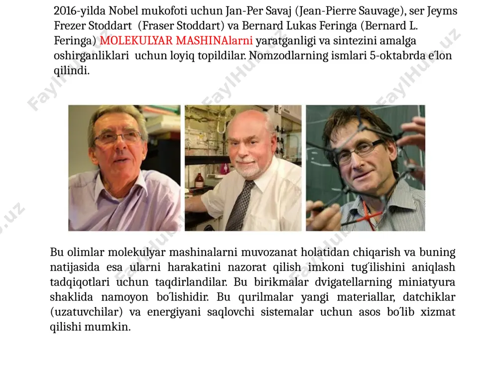 laureatlarga shvetsiya qiroli karl gustav xvi topshiradi. sovet ittifoqining yagona nobel mukofoti sohibi - nikolay semyonovdir. u 1956-yilda angliyalik siril xinshilvud (cyril hinshelwood) bilan kimyoviy o´zgarishlar mexanizmlarini tadqiq etganliklari uchun ushbu mukofotni olishgan. semyonovning asosiy hissasi shundan iboratki, u zanjirli reaksiyalar nazariyasini yaratgan. rossiya fanlar akademiyasining fizikaviy kimyo instituti uning nomi bilan ataladi. molekulyar mashinalarning sintezi- organik kimyodagi yagona soha emas, uni molekulyar darajadagi muhandislik deb qarash mumkin, bunda insonlar molekulalar dizaynini noldan boshlashadi va ko´zlangan molekulani yaratmaguncha hotirjam bo´lmaydilar. tabiatda albatta bunday molekulalar mavjud (masalan, hujayra oqsillari- miozin, kinezin, yoki ribosomalar) bo´lib, bu darajadagi murakkab molekulalar yaratish uchun insonlardan ancha mehnat talab etiladi. shuning uchun hozircha molekulyar mashinalarni- boshidan oxirigacha inson aqlining mevasi, tabiatga taqlid etish yoki kuzatiladigan tabiiy hodisalarni tushuntirishdan iborat deyish mumkin. demak, bu yerda shunday molekulalar haqida gap ketyapdiki, bu molekulaning bir qismi boshqa qismiga nisbatan tashqi ta´sir va issiqlik ta´sirida nazorat qilinadigan darajada harakat qiladi. …