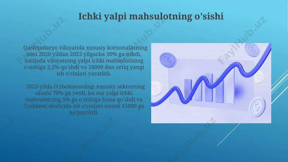 a amalga oshirilgan elektr energiyasi tarmoqlarini modernizatsiya qilish loyihasi natijasida, elektr uzilishlari soni 30% ga kamaydi. jamiyat farovonligining oshishi 2022-yilda toshkent shahrida xususiy sektorning ulushi 15% ga oshdi, bu jamiyat farovonligining o'sishiga 3 milliard so'mlik qo'shimcha yalpi ichki mahsulot keltirdi. qashqadaryo viloyatida 2023-yilning birinchi choragida xususiy tadbirkorlikning rivojlanishi natijasida 5000 dan ortiq yangi ish o'rinlari yaratildi, bu mahalliy aholi daromadining o'sishini ta'minladi. axborot texnologiyalarini rivojlantirish o'zbekistonning qishloq hududlarida keng polosali internetga kirish imkoniyatini 2025 yilgacha 85% ga oshirish rejalashtirilgan, bu esa qishloq xo'jaligi va boshqa sohalarda samaradorlikni oshirishga yordam beradi. samarqanddagi it-park 2022 yilda 10 million dollardan ortiq investitsiyalarni jalb qildi, bu esa yangi startaplarni rivojlantirish va yuqori texnologiyalar sohasida malakali mutaxassislarni tayyorlashga imkon beradi. davlat byudjeti daromadlarining oshishi qoraqalpog'iston respublikasida 2023 yilda kichik va o'rta biznesning rivojlanishi natijasida, xususan, xususiy sektorning faollashuvi tufayli, davlat byudjeti daromadlari 10% ga (taxminan 25 milliard so'm) ortdi. xususiylashtirilgan korxonalar sonining 20% ga o'sishi …