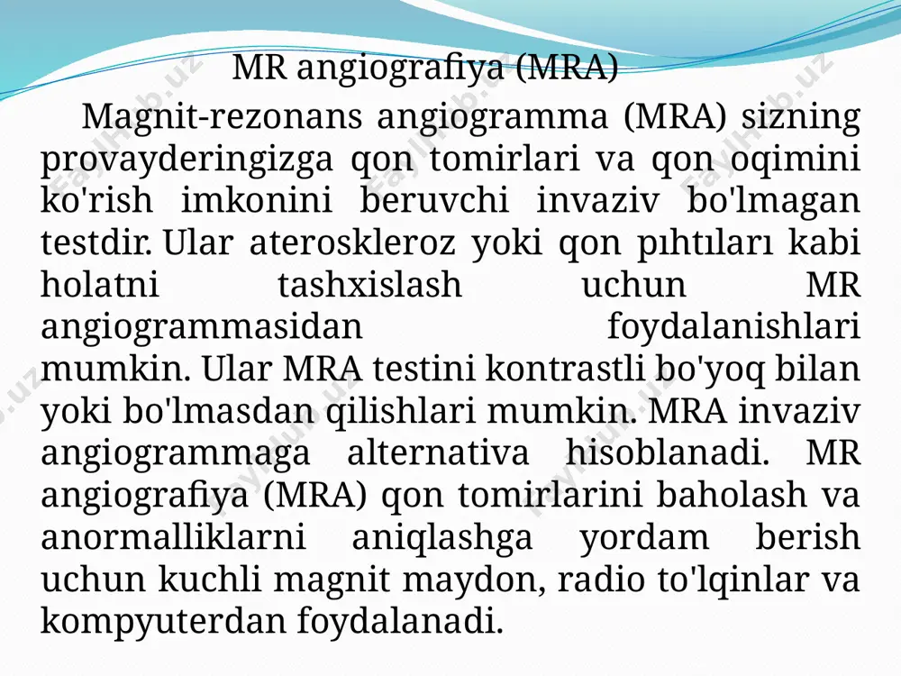 izga yordam beradigan kamar va tayanchlardan foydalanishlari mumkin. texnolog radioto'lqinlarni jo'natish va qabul qilish qobiliyatiga ega bo'lgan spirallarni o'z ichiga olgan qurilmalarni tekshirilayotgan tananing atrofiga yoki yoniga qo'yishi mumkin.agar imtihonda kontrast moddadan foydalanilsa, shifokor, hamshira yoki texnolog tekshiriluvchi qo'lga yoki qo'lidagi tomir ichiga kateter (iv qator) kiritadi. ular kontrast moddani kiritish uchun ushbu iv dan foydalanadi. mra qurilmasining magnitiga joylashtiriladi. texnolog imtihonni xonadan tashqarida kompyuterda ishlaganda amalga oshiradi. tekshiriluvchi texnolog bilan interkom orqali gaplasha oladi. imtihoningiz kontrast moddadan foydalansa, texnolog dastlabki skanerlash seriyasidan so'ng uni tomir ichiga (iv) kiritadi. ular in'ektsiya paytida yoki undan keyin ko'proq suratga olishadi. imtihon tugagach, texnolog sizga ko'proq kerak bo'lsa, rentgenolog tasvirlarni tekshirguncha kutishingizni so'rashi mumkin.imtihon tugagandan so'ng texnolog sizning iv liniyangizni olib tashlaydi va kiritish joyiga kichik kiyim qo'yadi. to'liq tekshiruv odatda tasvir boshlanganidan keyin taxminan 60 daqiqada yakunlanadi. sinovingizdan keyin agar sizga bo'yoq yuborilgan bo'lsa, ko'p suyuqlik iching. bu bo'yoqni tanangizdan tozalashga yordam …