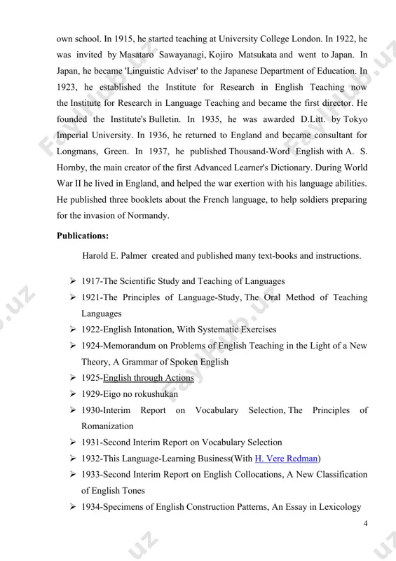 ion. in h. palmer’s view, there are three stages of learning: · receiving knowledge. · fixing it in the memory by repetition. · using the knowledge by real practice. h. palmer was the author of some 50 theoretical works, textbooks and manuals. of great interest are h. palmer’s 100 substitution tables, in which sentence patterns are arranged in tables for pupils to make up their own sentences, following the pattern. his main findings can be conveniently summarised as the following objectives: · phonetic, semantic and syntactic aspects. · oral speech by way of speaking and understanding. · accumulation of passive material with subsequent active reproduction. · techniques used for translation include visuality, interpretation and verbal context. · speech patterns to be learnt by heart. · rational selection of vocabulary based on frequency counts and utility. · topical selection: minimum vocabulary list of 3000 words. thus, h.palmer’s method is based on …