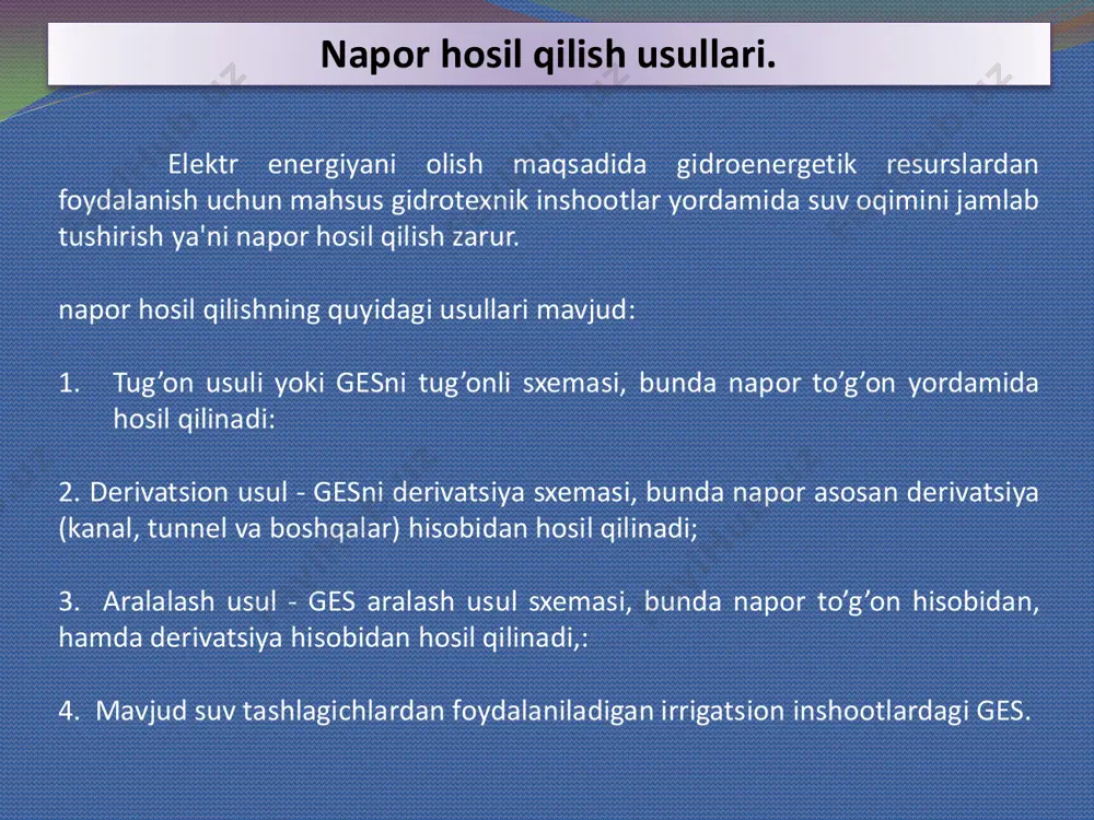 3- to’g’on, 4- derivatsion kanal , 5- ges naporli - stansiya bo'g’ini napor hosil qilishning to‘g‘on – derivatsion sxemasida avvalgi sxemalar foydali xususiyatlardan foydalaniladi. masalan, agar daryoning yuqori qismida kichik, pastki qismida katta nishablikka ega bo‘lsa, unda yuqori qism oxirida suv omborli to‘g‘on qurish, so‘ngra derivatsiya yordamida daryoning katta nishablik qismidan foydalanib, kattagina gesning umumiy naporini olish mumkin aralalash usul da qurilgan geslar bosh to’g’on va tovoqsoy gesi e’tiboringiz uchun rahmat