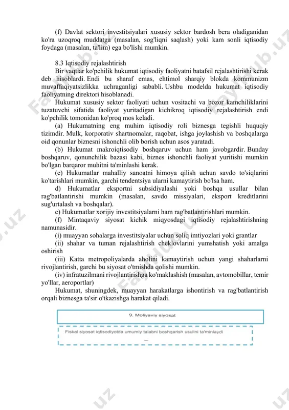 katlar o‘rtasidagi xayrixohlik vaqt o‘tishi bilan tashqi muvozanatga erishishga bog‘liq bo‘lishi mumkin. ushbu maqsadlarga erishishga urinish muammosi shundaki, ulardan ba'zilari qoniqsa, ular doimo boshqalar bilan muammo tug'diradi. masalan, to'liq bandlikni yaratish inflyatsiya darajasining oshishiga olib kelishi mumkin. ushbu bobda keyinroq tushuntirilganidek, hukumatlar ushbu maqsadlarga erishish uchun "fiskal" yoki "pul-kredit" siyosatlaridan foydalanadilar. 8.1 davlat xarajatlari hukumatlar pul sarflamoqda. xarajatlar sog'liqni saqlash, ijtimoiy xizmatlar, ta'lim, transport, mudofaa, sanoat grantlari va boshqalar kabi bo'limlar va funktsiyalar bo'yicha taqsimlanishi kerak. • xodimlarning ish haqi • materiallar, sarf materiallari va xizmatlar •asosiy jihozlar • kreditlar bo'yicha foizlar va kapitalni qaytarish • imtiyozli shaxslar uchun nafaqa va pensiyalar 8.2 davlat soliq va xarajatlar bo'yicha qarorlarning korxonalar uchun ahamiyati (a) hukumat xarajatlari bo'yicha qarorlar hukumatga etkazib beruvchilarga, masalan, mudofaa uskunalari, dori vositalari va tibbiy asbob-uskunalar va maktab darsliklarini ishlab chiqaruvchilarga ta'sir qiladi. b) davlat xarajatlarining butun iqtisodiyotga “osilib qolishi” ta’siri mavjud; ya'ni kompaniyalar kompaniyalarni etkazib berishi mumkin, …