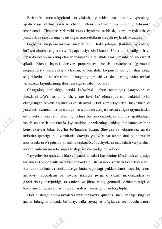 lov bosqichida ishlab chiqarish zonalari havosining ifloslanish darajasiga birlamchi komponentlarni transportirovka qilish jarayoni sezilarli ta’sir ko’rsatadi. bu kommunikatsiya inshootlariga katta xajmdagi yuklamalarni tushishi, xom-ashyoviy moddalarni bir joydan ikkinchi joyga o’tkazish mexanizmlari va jihozlarining mavjudligi, mexanizm va jihozlarning germetik zichlanmasligi va havo surish mexanizmlarining samarali ishlamasligi bilan bog’liqdir. dori olishdagi xom-ashyolarni transportirovka qilishda ishchilar faqat bug’ va gazlar bilangina aloqada bo’lmay, balki suyuq va to’qiluvchi-sochiluvchi zararli moddalar bilan ham aloqada bo’ladilar. ayrim hollarda maxsulotlarni qo’lda ortish, tushirishga to’g’ri keladi (o’simliklarga doir xom-ashyolar). suyuq moddalarni bir joydan ikkinchi joyga o’tkazish truboprovodlar orqali nasoslar, havo bosimi yoki siqilgan bug’ yordamida, suyuqliklarning oqimi va vakuum xisobiga amalga oshiriladi. gazsimon moddalarni transportirovka qilishda siqish va vakuumdan foydalaniladi. birlamchi maxsulotni siqilgan havo yordamida uzatish kommunikatsiya tarmog’ida bosimni oshirish bilan bog’liq bo’lib, uzatuvchi trubalar, apparatlar va ularni saqlash idishlaridagi nosozliklar (germetik yopilmaslik) tufayli zararli bug’ va gazlarning ajralishiga sababchi bo’lishi mumkin. alohida ta’kidlash lozimki, gigiyena nuqtai-nazaridan suyuq …