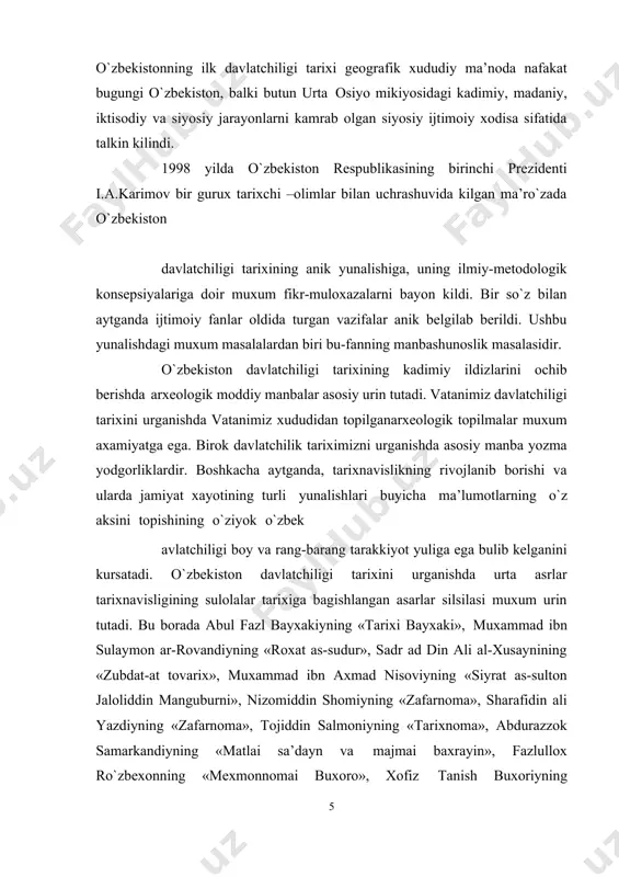 borishi va ularda jamiyat xayotining turli yunalishlari buyicha ma’lumotlarning o`z aksini topishining o`ziyok o`zbek avlatchiligi boy va rang-barang tarakkiyot yuliga ega bulib kelganini kursatadi. o`zbekiston davlatchiligi tarixini urganishda urta asrlar tarixnavisligining sulolalar tarixiga bagishlangan asarlar silsilasi muxum urin tutadi. bu borada abul fazl bayxakiyning «tarixi bayxaki», muxammad ibn sulaymon ar-rovandiyning «roxat as-sudur», sadr ad din ali al-xusaynining «zubdat-at tovarix», muxammad ibn axmad nisoviyning «siyrat as-sulton jaloliddin manguburni», nizomiddin shomiyning «zafarnoma», sharafidin ali yazdiyning «zafarnoma», tojiddin salmoniyning «tarixnoma», abdurazzok samarkandiyning «matlai sa’dayn va majmai baxrayin», fazlullox ro`zbexonning «mexmonnomai buxoro», xofiz tanish buxoriyning «abdullanoma», muxammad yusuf munshiyning «tarixi mukimxoniy», muxammad amin buxoriyning «ubaydullanoma», niyozmuxammad xujandiyning «tarixi shoxruxiy», axmad donishning «risolayo muxtasari az tarixi saltanati xonadoni mangitiya» kabi asarlari aloxida urin tutadi. mazkur asarlar orkali muayyan sulola faoliyat kursatgan zamonlardagi siyosiy, davlat boshkaruvi, iktisodiy, ijtimoiy, tashki siyosat masalalari tugrisidagi tasavvurlarni ixchamlashtirib olish mumkin. davlatchilik tariximizning eng kadimgi davrlariga oid xolatini tasavvur kilishga imkon …