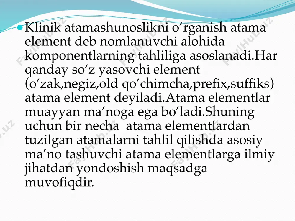 ari uchi, oxiri qovoqning tashqariga qayrilishi tashqi varaq 17. im in a, an -siz impotentia impar analgia anoiganicus bequvvatlik, kuchsizlik toq og’riqni qoldirish noorganik, organik bo’lmagan lotin-yunon prefikslari t.r. prefikslar ma’nosi misollar tarjimasi lotin yunon 1 2 3 4 5 6 18. dys to’zg’ib ketish, faoliyatni buzish dystonia dyspepsia qon bosimining buzilishi ovqat hazm qilishning buzilishi 19. eu normal faoliyat eurhythmia eupnoё normal, marom (ritm) to’g’ri nafas olish 20. dis dia b o ’ l i s h , taqsimlanish, disseminatio diagnosis tarqalib, sochilib ketmoq kasallikni aniqlash 2l de des se ajratib olish desinfectio depressor zararli mikroblardan tozalash tushiruvthi muskul lotin-yunon prefikslari etiboringiz uchun rahmat!