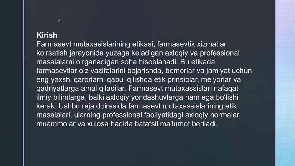 n. maxfiylikni buzish: bemorlar haqida to‘plangan tibbiy ma'lumotlarni maxfiy saqlash muhim axloqiy masaladir. maxfiylikni buzish jamiyatga nisbatan ishonchni kamaytirishi va etik qadriyatlarni buzishi mumkin. z xulosa farmasevt mutaxassislari etik prinsiplar asosida faoliyat yuritishlari kerak. ularning vazifalari nafaqat ilmiy malakaga, balki etik qadriyatlar, maxfiylik, bemorlarni hurmat qilish va jamiyatga xizmat qilish kabi jihatlarga ham tegishlidir. farmasevtlar o‘z professional faoliyatlarida axloqiy va huquqiy me'yorlarga rioya qilishlari kerak, chunki ularning qarorlari bemorlarning salomatligi va jamiyatning xavfsizligini ta'minlashga bevosita ta'sir ko‘rsatadi. z e’tiboringiz uchun raxmat!!! z image4.jpg image5.jpg image6.jpg image2.png image3.png /docprops/thumbnail.jpeg