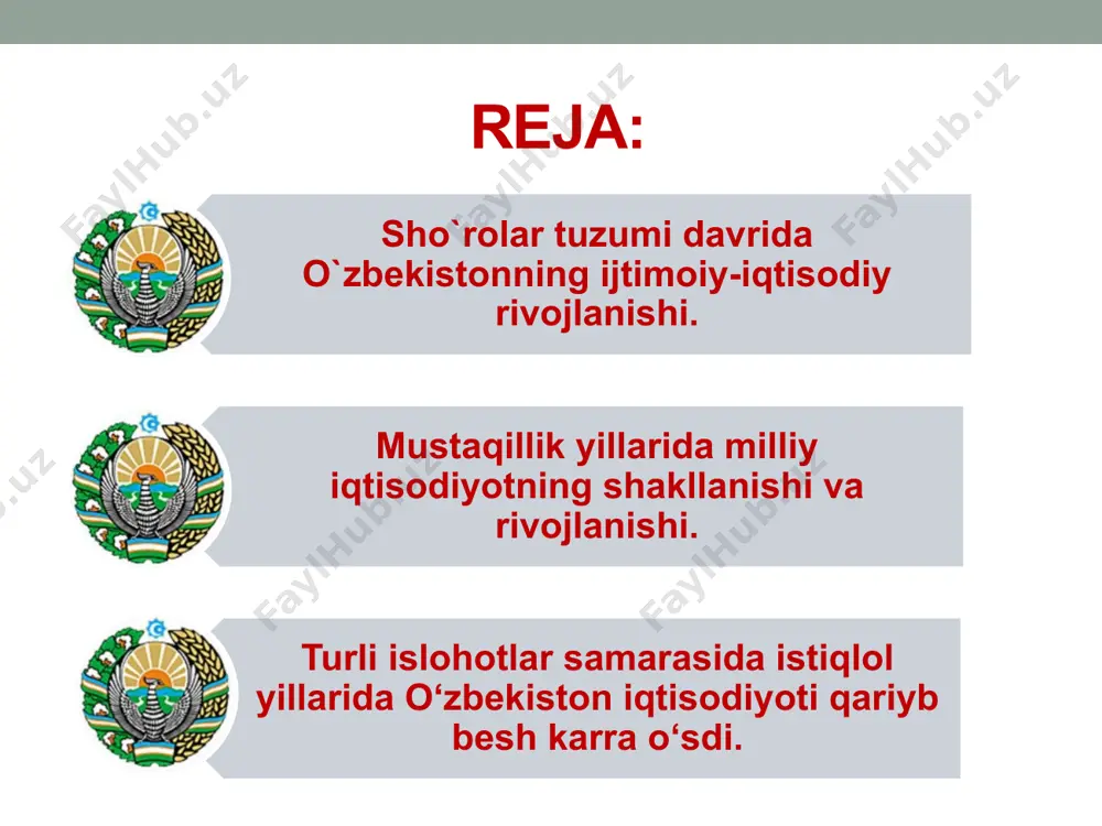 ochildi. xviii asr boshlarida hozirgi o`zbekiston hududida buxoro amirligi, xorazm va qo`qon xonliklari vujudga keldi. bu davrda o`lka aholisining asosiy mahsuloti qishloq xo`jalik mahsulotlarini yetishtirish bo`lib, ular asosan dehqonchilik va chorvachilik bilan shug`ullanardilar. o`rta osiyo xonliklarida sanoat mahsulotlari asosan hunarmandchilik asosida ishlab chiqarilar edi. shahar hayoti xviii asr oxirlaridan xix asr o`rtalarigacha buxoro, samarqand, shahrisabz, xiva, urganch, qo`qon, marg`ilon, toshkent, andijon kabi shaharlarda ancha taraqqiy qilgan bo`lib, ularda to`qimachilik, kulolchilik, zargarlik, chilangarlik, duradgorlik, badiiy buyumlar ishlab chiqarilar edi. o`rta osiyoda ishlab chiqarilgan mahsulotlar savdo karvonlar orqali hindiston, eron, qashg`arga, qozoq o`lkalari hamda ular orqali sibir va rossiyaning ichki bozorlariga olib chiqarilgan. shu davrda ayniqsa paxta va pillaga, qorako`l terisi, quruq mevalarga tashqi bozorda ehtiyoj katta bo`lgan. ana shunday imkoniyatlarga ega ushbu mintaqaga xix asrdan boshlab angliya va chor rossiyasi qiziqa boshladi. xonliklar o`rtasidagi o`zaro ziddiyatlardan foydalanib, chor rossiyasi xix asrning 2-yarmida turkistonni o`z mustamlakasiga aylantirdi. chor rossiyasi bosib olgandan keyin …