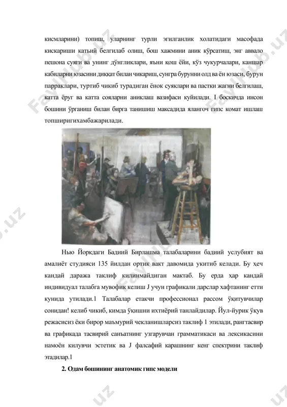 атилган. соя томонда шакл аниклигига эришиш учун ёруглик кайтарувчи текисликдан фойдаланиш мумкин. айнан шундай ша-роитда юзнинг соя кисмида анатомик аник чизикларни кўриш мумкин. бошнинг кар бир булагини тусда бир-биридан фарқини, ёруг соя характерини ўргана бориши керак. юз бўлаклари, кўз олмаси, буруннинг олд, ён томонлари, яноққа ишлов бераётганда катта шаклни хисобга олган холда, жуда майдалаштириб юбор-масданишлашзарур. бош шаклига ишлов бериш соя кисмидан бошланади. соя ях-лит, катта шаклни ажратиб, тус муносабатида камертон вазифаси-нихамутайди. табиатда акс этаётган нур ва соя уйинларининг барча кучини ифодалаш одатда имконсиздек тасаввур килинади. зеро, табиатдаги жисмларнинг ёруглик даражаси тез суратда купайиши ёки аксинча камайиши мумкин. улар орасидаги тафовут шу кадар улканки бу ходисаларнинг ифодасини тасаввур килиш кийин. масалан, куёш ёруглиги ой нуридан юз минглаб маротаба кучлиди. бу ёругликларни ифодалаш учун рассомнинг имконият-лари нисбатан чекланган. шу сабабли, чизматасвирдаги тус, нур-соя орасидаги карама-каршилик табиатда нисбатан бир неча бор кам булиши мумкин. энг оппок буёк ва энг оппок когоз хам узида …