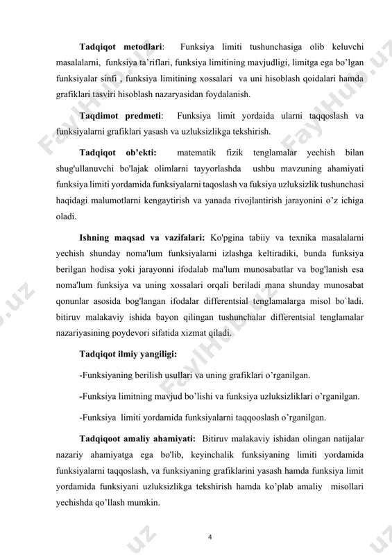 ematik analizning umumiy kursidan ma’lumki, toplam nuqtaning atrofi deyiladi. shuningdek, to’plamlarga “ nuqta “larning atrofi deyiladi. ko’rinib turibdiki va lar ixtiyoriy musbat haqiqiy sonlar. biror haqiqiy sonlar to’plami, biror nuqta bo’lsin. 1-ta’rif. agar nuqtaning har bir atrofida to’plamning dan farqli kamida bitta nuqtasi mavjud bo’lsa, nuqta to’plamning limit nuqtasi deyiladi. demak, nuqta to’plamning limit nuqtasi bo’lsa, son uchun munosabat o’rinli bo’ladi. misollar. 1. ushbu to’plamning har bir nuqtasi shu to’plamning limit nuqtasi bo’ladi, shu jumladan 0 va 1 ham limit nuqta bo’lib, to’plamga tegishli bo’ladi. 2. ushbu to’plam limit nuqtaga ega emas bo’ladi. 3. ushbu to’plamning har bir nuqtasi shu to’plamning limit nuqtasi bo’ladi, shu jumladan nuqtalar ham uchun limit nuqta, lekin to’plamga tegishli emas. 4. to’plam uchun nuqta limit nuqta bo’lmaydi. yuqoridagi fikirlardan quydagi natijalar kelib chiqadi. 1-izohto’plamning limit nuqtasi shu to’plamga tegishli bo’lishi ham, tegishli bo’lmasligi ham mumkin ekan 2-izoh. agar nuqta to’plamning limit nuqtasi bo’lsa, nuqtaning har …