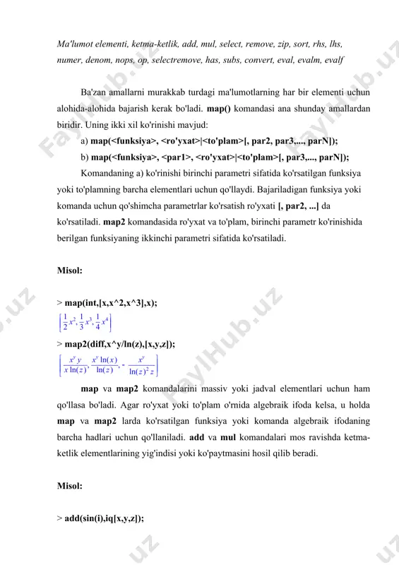 open(1),infinity)); bu yerda is «tegishli bo'lsa» funksiyasi sifatida qo'llanilgan, realrange(open(1), infini-ty) esa (0;() oraliqni ifodalaydi. > select(type,l,numeric); bu yerda, type funksiyasi(komandasi) l ro'yxatning butun elementlarini ajratib beradi, or komandasi esa ikkita ro'yxat elementlarini birlashtirib, yangi ro'yxat tuzib beradi. misol: > s1:=[pi,1]; s2:=[exp(1),0]; > s:=[op(s1),op(s2)]; zip komandasi ikkita ro'yxat elementlari ustida biror binar amalini qo'llab, yangi ro'yxat hosil qilib beradi. komandaning umumiy ko'rinishi quyidagicha: zip( , , , [, qiymat]); komandaning uchinchi parametri va larning elementlar soni har xil bo'lganda qo'llanilib, [, qiymat] elementlar kam bo'lgan ro'yxat uchun qo'shimcha element sifatida beriladi. misol: > zip((x,y)->x+y,[1,2,3],[4,5,6]); > zip((x,y)->x+y,[1,2,3],[4,5],0); zip komandasini bir xil o'lchamli matrisa va vektorlar uchun ham qo'llasa bo'ladi. sort komandasi ro'yxat va ko'phad elementlarini tartiblab beradi. ko'phad elementlari o'zgaruvchilarning darajalarini pasayib borishiga nisbatan tartiblanadi. ro'yxat: a) sonli elementlardan iborat bo'lsa, qiymatlarning o'sib borish tartibida joylashtiriladi; b) satrli yoki belgili elementlardan iborat bo'lsa, alfavit tartibida joylashtiriladi; v) aralash elementlardan iborat bo'lsa, …