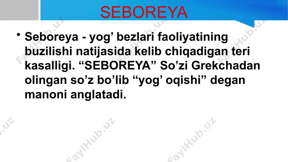 oreya va kasbga oid zararli omillarning ta’siri bor. demodex folliculorum hisobiga patologik jarayon tezda boshlanishi yoki uzoq vaqt saqlanib turishi mumkin. kasallikning kechishi dastlab bemorning burun terisi qizaradi, bora-bora peshona, ikki lunj, burun va lunjlar oralig‘i terisiga tarqaladi. jarayon bir ko‘payib, bir kamayib turadi, ayniqsa, bemor qattiq asabiylashsa, issiq, achchiq, sho‘r ovqatlar iste’mol qilsa, shuningdek, spirtli ichimliklar ichsa qizarish kuchayib teleangi-oektaziya boshlanadi va maddalar, perifollikulyar tugunchalar paydo bo‘ladi, bunda bemorning terisi biroz qichishi mumkin morfologik elementlarning o‘zgarishiga qarab kasallikning to‘rtta bosqichi bor: a). rosacea erythematosa – o‘zgarmas giperemiya, terining qalinlashishi va teleangioektaziya kuzatiladi; b) rosacea ‘a’ulosa – qizil rangli yuza husnbuzarsimon follikulyar papulalar chiqadi, komedonlar bo‘lmaydi; v) rosacea pustulosa – markazida yiringli nekrotik o‘zgarish bilan kechadigan pustulalar paydo bo‘ladi; g) rosacea fibroangiectatica - yallig‘lanish jarayonining uzoq davom etishi oqibatida teridagi venulalarda qon aylanish qiyinlashadi, burun terisi dag‘al tortib shishadi, burun ustida, yuzda qizg‘ish-ko‘kimtir rangli eritema (dog‘) paydo bo‘ladi. pustulalar, teleangioektaziya …