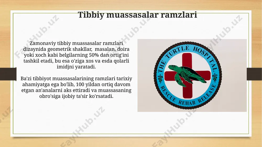 ular turli kasalliklar, tibbiy muolajalar va sogʻliqni saqlash tizimlarini ifodalaydi. o'rta asrlar tibbiy ramzlari o'rta asrlarda, taxminan 1000 dan 1500 yillar oralig'ida, shifokorlarning kiyimlarida yoki ularning vositalarida afsun va himoya ramzlari, masalan, afsunli belgilar yoki diniy timsollar keng qo'llanilgan. "yirtqich hayvonlar" va "kasalliklar"ni ifodalovchi 5 ta asosiy allegorik tasvirlar o'rta asr tibbiy qo'lyozmalarida uchraydi, bu ramzlar kasallikning sabablari va oqibatlarini ifodalash uchun ishlatilgan. tibbiy tashkilotlar ramzlari ba'zi tibbiy muassasalar o'z ramzlarida 20 yildan ortiq faoliyat yuritganlik tarixini aks ettiruvchi elementlardan foydalanadilar, bu ularning tajribasini bildiradi. tibbiy tashkilotlar ramzlari ko'pincha 12 ta asosiy tibbiyot mutaxassisliklarini ifodalovchi belgilarni o'z ichiga oladi, bu esa ularning xizmat ko'rsatish doirasini namoyish etadi. e'tiboringiz uchun rahmat @taqdimot_robot image7.jpg image8.jpg image9.jpg image10.jpg image11.jpg image12.jpg image13.jpg image14.jpg image15.jpg image16.jpg image17.jpg image18.jpg image3.png image4.png