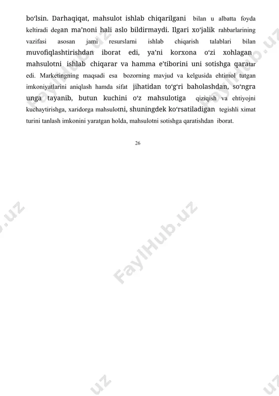 radi. mahsulotlar assortimentning xilma-xilligi ortdi, bir xil buyumlarni ko‘plab ishlab chiqarish kamaydi, ya’ni to‘p-to‘p qilib uyub tashlash tajribasidan voz kechilmokda. tovar sifatiga ega bo‘lgan mahsulotlar mazmuni o‘zgardi. endi yaxshi mahsulot chiqarish bilangina ish bitmaydi, raqobatga 27 dosh berish uchun sotuvdan keyingi darajasini, firma ko‘rsatadigan qo‘shimcha servis xizmatlari sifatini tubdan yaxshilash zarur. korxonalar xarajatlarini oddiy kamaytirish yo‘llarini o‘ylabgina qolmay, ayni paytda tovarlarni sotish va o‘tkazish, daromadlarni muttasil ko‘paytirish sohalariga ko‘proq e’tibor berishga majbur. mahsulot sotishga yangi bozorlar, muayyan afzalligi tufayli mahsulot o‘ziga jalb etadigan yangi xaridorlarni qondirish lozim. bu ishlarni hozirgi zamon marketingiga tayanibgina amalga oshirish mumkin. korxonaning omon qolishi iqtisodiy, ilmiy-texnikaviy, kon’yunktura-tijorat, ijtimoiy va boshqa axborotlarni o‘z vaqtida olishi kabi omillardan ustalik bilan foydalanish natijasida ta’minlanadi. 2.2.marketing nazariyasi konsepsiyasi va uning evolyusiyasi marketing konsepsiyasi (marketing faoliyati konsepsiyasi) – bu shunday yo‘l yoki yondashuvki, uning asosida korxona o‘zining marketing faoliyatini yurgizadi. marketing konsepsiyasi rejalashtirilayotgan va amalga oshirilayotgan firma faoliyatining strategik tahlili …