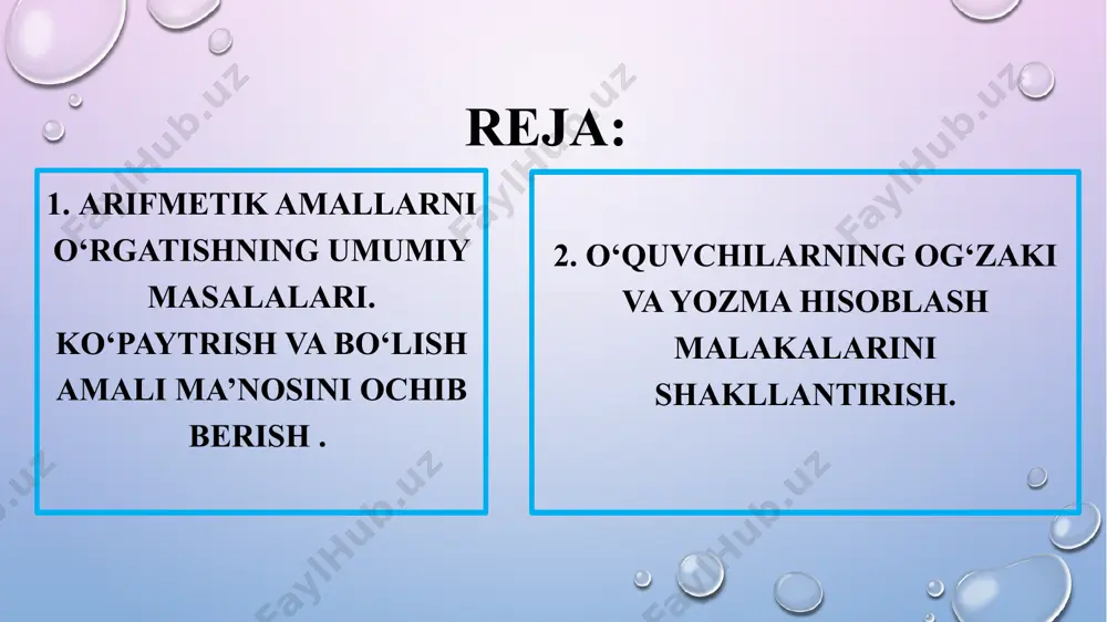 nga o‘xshash misollar yordamida o‘qituvchi bir xil sonlarni qo‘shish-ko‘paytirish degan yangi amalni berishni aytadi, quyidagi mashqlar bilan qo‘shishni ko‘paytirishga almashtirish mustahkamlanadi. 1.qo‘shishni ko‘pytirishga almashtiring. 3+3+3+3+3= 6+6+6+6= 2.natijalarni hisoblang, o‘z o‘rnida qo‘shishni ko‘paytirishga almashtiring. 8+8+8+7= 9+9+6= 3.ko‘paytirishni qo‘shishga almashtiring. 4*2= 5*3= 4.ifodalarni taqqoslang va >, ,<, = belgilarini qo‘ying. 12*3… 72:2, 5…32:8 shu o‘rinda jadvaldan foydalanish mumkin: a b ab ba 3 4 7 2 10 5 natijada umumiy ko‘rinishdagi a*b=b*a tenglikni keltirib chiqaradilar. xususiy holda 1 ga ko‘paytirish va bo‘lish misollarida mustahkamlanadi. bo‘lishdagi oson yo‘llardan biri nol bilan tugaydigan sonlar ustida bo‘lish amalini bajarishdir. 80:10=8 iii.ko‘paytirish va bo‘lish jadvali bilan ishlash. jadvalda ko‘paytirish va bo‘lish matematika o‘qitishning muhim vazifalaridan biridir. jadval asosan 2-sinfda tuzilib, 3-4-sinflarda minglik va ko‘p xonali sonlarga tadbiq qilinadi. jadvalni tuzish quyidagi reja asosida olib boriladi: 1)bir xil ko‘rinishlarni qo‘shish. masalan: 5*3=5+5+5=15 2)namuna misol asosida boshqa ko‘pytirishlarni bajarish. masalan: 2*3=6, 2*4 ni toping. uni 2*3+2=6+2=8 ko‘rinishida hisoblash …