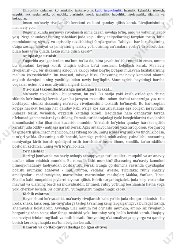 niqrog‘i inson ruhidagi borliq haqiqati bilan uyg‘unlik deb ta’rifladik. ammo shunga qaramay, tan olish kerakki, har bir shaxs muayyan makonda tug‘iladi va hayot kechiradi. uning ruhiyati ushbu makonda shakllanadi, shu o‘lka unga vatan sanaladi, ko‘ngil dunyosida unga ma’naviy munosabat yuzaga keladi. dilida vatan tuyg‘usi shakllanmagan insonni hali shaxs sifatida tasavvur etish qiyin. demak, shaxs ma’naviy kamoloti avvalida o‘z kindik qoni to‘kilgan zaminga mehr, uning ruhidagi ona tabiat bilan uyg‘unlik yotadi. ma’naviyat muayyan shaxsdan tashqarida bo‘lmas ekan, millat ma’naviyati ham aslida ushbu millatga aloqador alohida shaxslar ma’naviyatidan tashqari emasdir. ma’naviyatning bepoyonligi alohida shaxs ma’naviyatining behududligi bilan bog‘liq. inson ruhiyati cheksiz jilolarga ega, borliq haqiqati asli behudud, demakki, har bir shaxs ma’naviyati ikki karra bepoyon va cheksizdir. millat ma’naviyati ushbu millatga qaysidir bir tarzda aloqador shaxslar ma’naviyatining majmuyidir. ana endi 3 karra cheksizlik hosil bo‘ldi. millat ma’naviyatini ushbu millatga aloqador shaxslar ma’naviy dunyosi majmuyi tashkil etadi, dedik. ammo ular soni cheksiz, chunki …