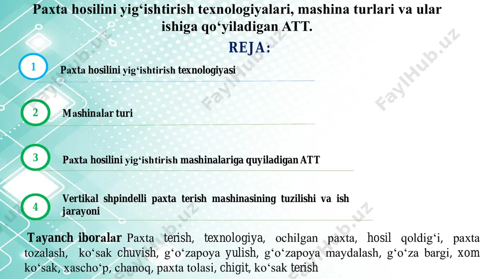 18 yil 10 maydagi "qishloq xo’jaligini o’z vaqtida qishloq xo’jaligi texnikasi bilan ta‘minlash mexanizmlarini yanada takomillashtirish chora- tadbirlari to’g’risida”gi, 2018 yil 29 maydagi “qishloq xo’jaligi mahsulotlari ishlab chiqaruvchilarga mexanizatsiya va servis xizmatlarini ko’rsatish samaradorligini oshirish bo’yicha qo’shimcha chora-tadbirlar to’g’risida”gi, 5 keyingi yillarda oʻzbekiston paxta maydonlarida amerikada ishlab chiqarilgan gorizontal shpindelli paxta terish mashinalari ham paydo boʻldi. "oʻzqishloqxoʻjalikmashxolding" kompaniyasi (toshkent) 1997-yildan boshlab "oʻzkeysmash" qoʻshma korxonasi tashkil etilib, paxtakorlarga "case20022 cotton express" rusumli 2 qatorli paxta terish mashinalarini yetkazib bera boshladi. bmkb — agromash aksiyadorlik jamiyati bilan birgalikda "toshqishloqmash" aksiyadorlik jamiyati xmg-04, xmg-12 rusumli 2 qatorli, gorizontal shpindelli paxta terish mashinalarini ishlab chiqaradi. ular 90 va 60 sm li paykallarda paxtaning oʻrtacha va ingichka tolali navlarini terishga moʻljallangan. "2022 kotton ekspress" rusumli mashina esa 2 katorli, gorizontal shpindelli, oʻziyurar mashina boʻlib, 90 va 100 sm li paykallarda paxtaning oʻrtacha navlarini terishga moʻljallangan. pаxtа hosilini mexаnizаsiyalаshgаn yig‘ib olishdа bаjаrilаdigаn operаsiyalаr: 1. pаxtа hosili …