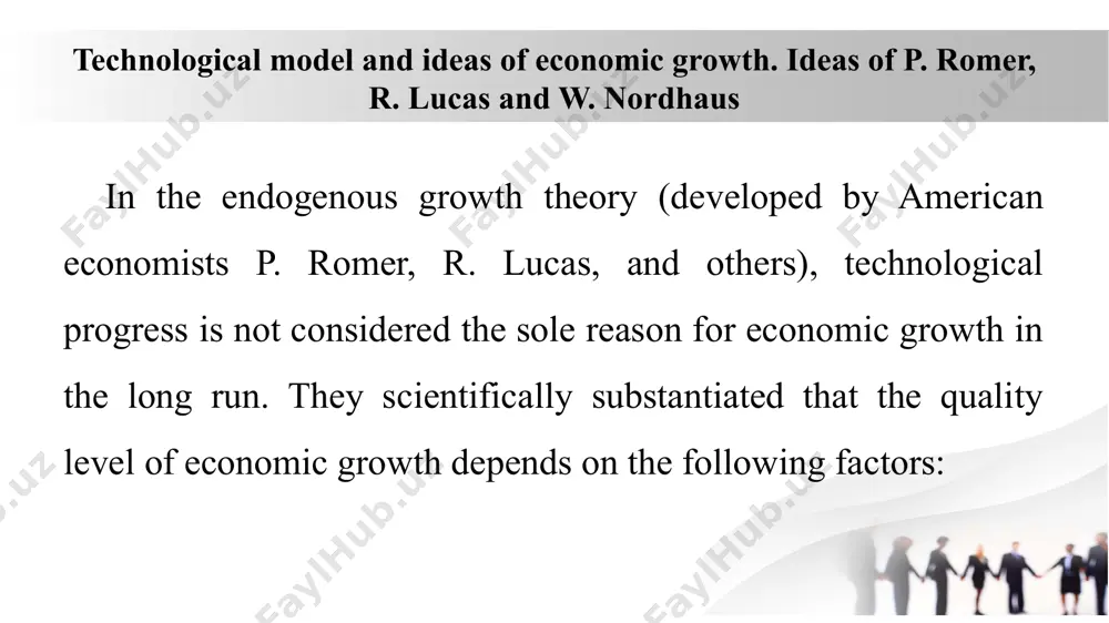 the romer model the general production function in the romer model is given by: y=kα(aly)1-α where: y – total output (gdp), k – capital stock, ly -labor in the production sector, a – technology level (stock of ideas), α – capital’s share in production (0 < α < 1). this equation implies that production is not only dependent on capital and labor but also significantly influenced by ideas and technological progress. as technology advances, output increases even if capital and labor remain constant equation for the growth of ideas the romer model represents technological progress (the creation of new ideas) using the following equation: ∆a=δlaa where: ∆a – rate of new ideas being created (growth of ideas), la – number of workers engaged in research and development (scientists in r&d), δ – productivity of research and development (r&d efficiency), a – existing stock of knowledge and technology. this equation suggests …