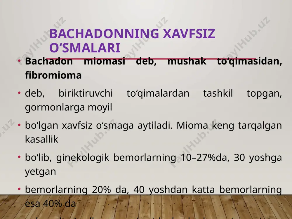 malignizatsiyasi asta-sekin, ko‘pincha 50 yoshdan keyin kuzatiladi. metastatik rak (10–30%) tuxumdonga, asosan, oshqozon va ichak rakidan limfa va qon orqali o‘tadi. shuning uchun tuxumdonda siljimaydigan, notekis, qattiq konsistensiyali o‘sma topilsa, albatta, oshqozon ichak yo‘llarini endoskopiya, irrigoskopiya, rentgenografiya usullari bilan tekshirish kerak. chunki, metastazli rakni operatsiya yo‘li bilan davolab bo‘lmaydi. image2.png image3.png image4.png image5.png image1.jpg /docprops/thumbnail.jpeg