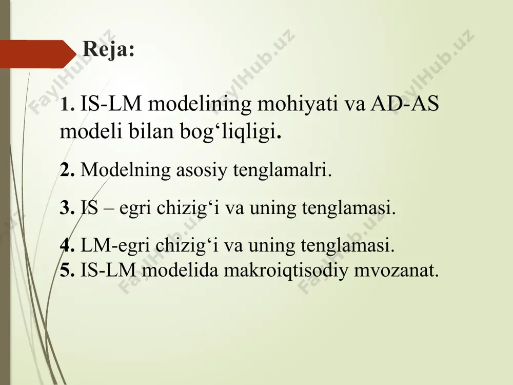 rajatlar kamayishi ad-as modelida koʻzda toʻtilgan edi. is-lm modeli ad-as modelini qisqa muddatli davrga aniqlashtiradi va bu modelda har ikkala bozor yagona makroiqtisodiy tizimning sektorlari sifatida namoyon boʻladi. is-lm modeli is-lm modeli tovarlar va xizmatlar, hamda pul sektorlarida tarkib topgan sharoitlarga bogʻliq tarzda foiz stavkasi r bilan daromad darajasi y ning muvozanatli darajasini belgilaydi. is-lm (investitsiya - jamgʻarmalar, likvidlilikning afzalligi - pul) modeli foiz stavkasi r bilan daromadlar y ning bir vaqtning oʻzida har ikkala bozorda muvozanatni taʼminlaydigan kombinatsiyalarini topish imkonini beradi. is-lm modeli is-lm model foiz stavkasi r daromad darajasi y muvozanatli darajasini belgilaydi is-lm modeli modelning asosiy tenglamalari quyidagilar: 1. y=c +i + g +xn — asosiy makroiqtisodiy ayniyat. 2. c = a+b (y-t) — isteʼmol funksiyasi, bu yerda т = ta + ty. 3. i = e-dr — investitsiya funksiyasi. 4. xn = d- m`y - nr — соф investitsiya funksiyasi. 5. m/p =ky - hr — …