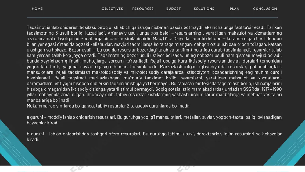 masligi mumkin, ammo savdo ularga ushbu resurslarni kerakli joylardan olish imkonini beradi. yaponiya juda cheklangan tabiiy resurslarga ega, ammo osiyodagi eng boy mamlakatlardan biri. sony, nintendo, canon, toyota, honda, sharp, sanyo, nissan boshqa mamlakatlarda xaridorgir mahsulotlar ishlab chiqaradigan muvaffaqiyatli yapon korporatsiyalaridir. savdo natijasida yaponiya kerakli resurslarni sotib olish uchun yetarli boylikka ega. fath, mojaro va urush. ko'pgina tarixiy va hozirgi mojarolar resurslarga boy hududlarni nazorat qilishga urinayotgan davlatlarni o'z ichiga oladi. misol uchun, olmos va neft resurslariga bo'lgan intilish afrikadagi ko'plab qurolli to'qnashuvlarning ildizi bo'lgan. boylik va hayot sifati. joyning farovonligi va farovonligi o'sha joydagi odamlar uchun mavjud bo'lgan tovarlar va xizmatlarning sifati va miqdori bilan belgilanadi. ushbu ko'rsatkich turmush darajasi sifatida tanilgan . tabiiy resurslar tovarlar va xizmatlarning asosiy tarkibiy qismi bo'lganligi sababli, turmush darajasi ham bizga ma'lum bir joydagi odamlarning qancha resurslarga ega ekanligi haqida tasavvur beradi. resources budget solutions home objectives plan conclusion e’tiboringiz uchun rahmat resources …