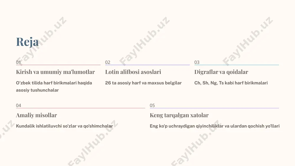her, mashina. ng digrafi "ng" birikması so'z oxirida yoki undoshdan oldin ishlatiladi. misol: rang, ming, qong'iroq. ts (ц) digrafi qoidasi yozilish qoidalari 1 so'z boshida undoshdan keyin "s" harfi yoziladi. masalan: "tsikl", "tsunami". 2 so'z o'rtasida unli tovushdan keyin "ts" yozilishi mumkin. masalan: "sentabr" → "sen-ta-br". e'tibor bering: "ts" tovushi rus tilidan olingan so'zlarda ko'proq uchraydi. ye (е) digrafi qoidasi so'z boshida "ye" so'z boshida yoki unli tovushdan keyin "ye" yoziladi. misol: "yevropa", "yetakchi". so'z o'rtasida "e" so'z o'rtasida undoshdan keyin esa "e" yoziladi. misol: "meva", "kerak", "sher". amaliy qo'llash bu qoida barcha o'zbek so'zlarida qat'iy rioya qilinishi kerak. x (х) va h (ҳ) harflari x harfi (kirill х) kirill x harfi lotincha "x" bilan yoziladi. talaffuzi [х] tovushiga o'xshaydi. misol: xat, xarid, taxta tovushi: til orqasidan chiqadigan noan tovush pozitsiya: so'z boshida va o'rtasida h harfi (kirill ҳ) ҳ harfi esa "h" bilan yoziladi. talaffuzi [ҳ] tovushiga to'g'ri keladi. …