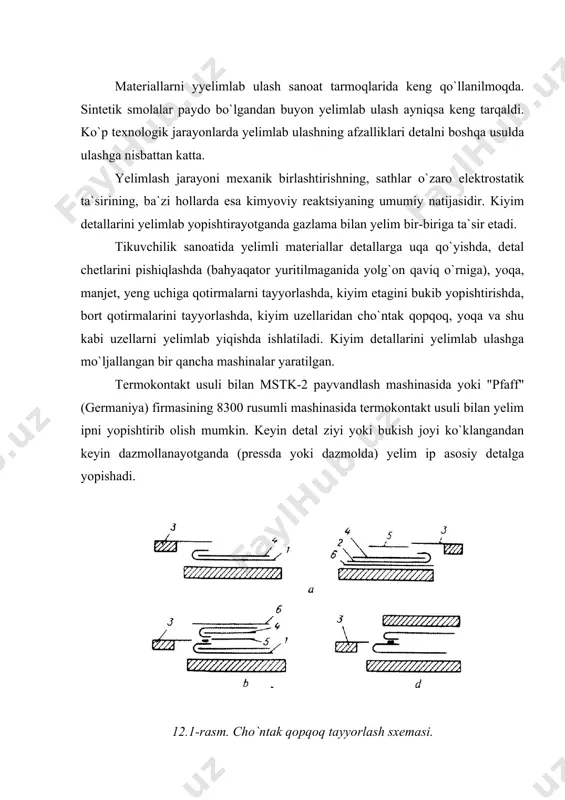 an yelim kukun sepiladi. astarning bukilgan chetidan tashqi qolip olinadi, hamda astar ichki qolip, qisqich qolip 5 va pastki plastina 6 bilan birgalikda qopqoq avrasi ustiga to`g`rilanadi (12.1-rasm,b). qoliplar va cho`ntak qopqoq pastki plastina olib tashlanib presslanadi (12.1-rasm,v). 12.2-rasm. eng tayyorlash sxemasi. qirqimi ochiq usulda detallarni bukib ishlash yeng uchini, ort bo`lak kesimini, yoqani ishlashda qo`llaniladi. yeng uchi qirqimi ochiq usulda bukib ishlanganda oldin yelim plyonka yeng qotirmasining bir tomoniga uning yuqori qirqimidan 0,2 sm masofaga va ikkinchi tomoniga pastki qirqimidan 1,5-2 sm masofaga joylashtirib qo`yiladi. yeng (12.2-rasm, 3) pressning ostki yostig`i 1 ga, teskari tomoni yuqoriga qilib qo`yiladi. bunda yengning yon va uch qirqimlari qo`zg`almas tayanch bo`ylab to`g`rilanadi. engning ustiga eng qotirmasi 4 qo`yiladi. bunda qotirmaning yuqori qirqimi yaqinidagi plyonka pastga qaratib qo`yiladi. ichki qolip 5 engni bosib tushgandan keyin, tashqi qolip 2 yengning uchini va kesimini bukadi. keyin ichki qolipni chiqarib tashlab, ustki yostiq 6 tushiriladi va qotirmani …