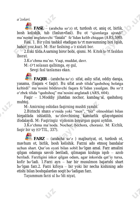 muhtoj. m: amirning oshidan faqirning mushti yaxshi. 2.birinchi shaxs оʻrnida yoki “men”, “biz” olmoshlari bilan birgalikda ishlatilib, sоʻzlovchining kamtarlik qilayotganini ifodalaydi. m: faqiringiz vijdonim buyurgan gapni aytdim. 3.kоʻchma ma’noda. nochor, bechora, chorasiz. m: kichik, faqir bir uy (оʻtil, 337). farz – (arabcha so‘z ) majburiyat, ot, turdosh ot, mavhum ot, birlik, bosh kelishik. farzni ado etmoq bandalar uchun shart. qur’on oyati bilan sobit bo‘lgan amal. farz amalini qilgan odamga savob beriladi, qilmagan kishiga iqob – azob beriladi. farzligini inkor qilgan odam, agar inkorida qat’iy tursa, kofir bo‘ladi. 1.farzi ayn – har bir musulmon bajarishi shart bo‘lgan farz.2. farzi kifoya – bir yoki bir necha kishining ado etishi bilan boshqalardan soqit bo‘ladigan farz. tayammum farzi ul bo‘ldi niyat, ilik tufroqqa urmak ikki navbat (alisher navoiy. sirojul – muslimiyn. t.://minhoj, 1992, 18-b). farishta – (arabcha so‘z) malak, maloika. ot, turdosh ot, mavhum ot, birlik, bosh kelishik. nurdan yaratilgan, nafs va xohishga ega …