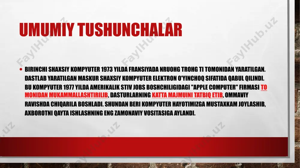 lib, bu tugmachaning vazifasi, agarda kompyuterda ishlayotgan vaqtingizda kursor qotib qolsa kompyuterni qayta yuklash uchun ishlatiladi. bu vazifani klavishlar orqali ham bajarish mumkin, buning uchun klavishaturadagi ctrl+alt+delete tugmaalri birgalikda bosiladi. kompyuterning asosiy qismlari tizim bloki da joylashgan bo'lib, ular quyidagilardir: tezkor xotira (ram-random access memory-ixtiyoriy kirish mumkin bo'lgan) mikroprossesor, qurilmalar nazoratchilari, (ya’ni kontrollerlar, adapterlar, elektr manbai bilan ta’minlash bloki), yumshoq disk yurituvchi qurilmasi (fdd-floppy disk driver), qattiq disk qurilmasi (hdd-hard disk driver), faqat o'qish uchun moijallangan lazer disk qurilmasi (cd rom-compact disk read only memory), (cd writer) lazer disk yozish qurilmasi, shinalar, modem va boshqa qurilmalar. tizim blokiga uning parallel (lpt) va ketma-ket (com) portlari orqali ko'plab tashqi qurilmalarni ulash mumkin. mikroprossesor mikroprossesor- kompyuterning amal bajaradigan qismi bo'lib, u ma’lumotlarni berilgan dastur asosida qayta ishlaydi. mikroprossesor 140 ta atrofida turli arifmetik va mantiqiy amallarni bajaradi. ibm rusumli kompyuterlarda intel tipidagi (shu nomli firma ishlab chiqqan) mikroprossesorlar ishlatiladi. xotira xotira- kompyuterda …