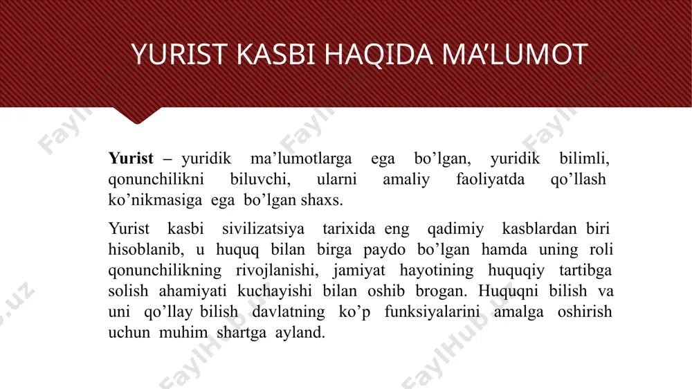 i tug’iladi. muloqot odamlar o’rtasida birgalikdagi faoliyat ehtiyojlaridan kelib chiqadigan bog’lanishlar rivojlanishining ko’p qirrali jarayonidir. заголовок основного пункта № 3 должен быть четким и лаконичным. каждый фрагмент обоснования должен быть представлен в сводном виде для четкости понимания и правильности цитирования. не нужно просто читать фрагменты обоснования. при необходимости их следует развить. [введите заметки для развития мысли] обязательно должен быть переход к контраргументу и следующему слайду. 7 o’zga inson bilan ilk bor tanishuvda qo ‘llaniladigan kerakli so’zlarni tanlab olish katta ahamiyatga ega. yuridik faoliyatida shaxslarni to’g'ridan to'g'ri muloqotga chaqirish psixologik noqulaylik holatini keltirib chiqaradi va birinchi ta'surot effektini susaytirishga va salbiy bo’lishiga olib keladi. demak, tanishish uchun ishlatiladigan birinchi so’zlar qanchalik tabiiy va tushunarli bo'lsa, shunchalik muloqot tez o'rnatiladi va oson rivojlanadi. buning uchun yurist sof, betakror, sezgir bo’lishi lozim. qiziqtirayotgan shaxs bilan psixologik aloqani o'rnatishda birinchi navbatda yurist ozi tog'risida ijobiy ta’surot qoldirishi lozim. yuristning kasbida muloqot o’rni с помощью …