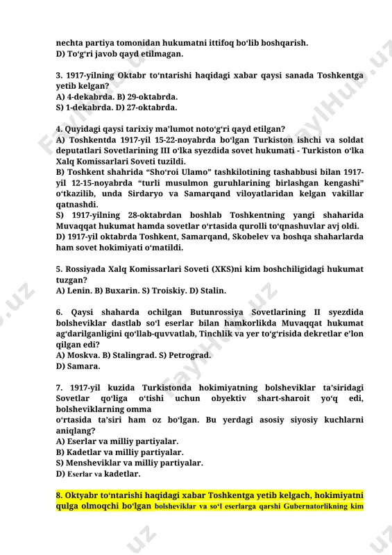 art-sharoit yo‘q edi, bolsheviklarning omma o‘rtasida ta’siri ham oz bo‘lgan. bu yerdagi asosiy siyosiy kuchlarni aniqlang? a) eserlar va milliy partiyalar. b) kadetlar va milliy partiyalar. s) mensheviklar va milliy partiyalar. d) eserlar va kadetlar. 8. oktyabr to‘ntarishi haqidagi xabar toshkentga yetib kelgach, hokimiyatni qulga olmoqchi bo‘lgan bolsheviklar va so‘l eserlarga qarshi gubernatorlikning kim boshchiligidagi qismlari bunga qarshilik ko‘rsatganlar? a) f.kolesov. b) p.korovichenko. s) ye.perfilev. d) pyotr kobozev. 9. samarqand va skobelev shaharlarida sovet hokimiyati qachon o‘rnatilgan? a) 1917-yil oktabrda. b) 1917-yil noyabrda. s) 1917-yil dekabrda. d) 1917-yil fevralda. 10. toshkentda 1917-yil 15 – 22-noyabrda bo‘lgan turkiston ishchi va soldat deputatlari sovetlarining iii o‘lka syezdida qaysi siyosiy kuchlardan iborat sovet hukumati – turkiston o‘lka xalq komissarlari soveti tuzgan? a) so‘l eserlar, bolsheviklar va maksimalistlar. b) kadetlar, bolsheviklar va maksimalistlar. s) so‘l eserlar, bolsheviklar va kadetlar. d) eserlar, kadetlar va maksimalistlar. 11. 1917-yilda turkiston o‘lkasi xks raisi lavozimini egallagan bolshevik fyodor …