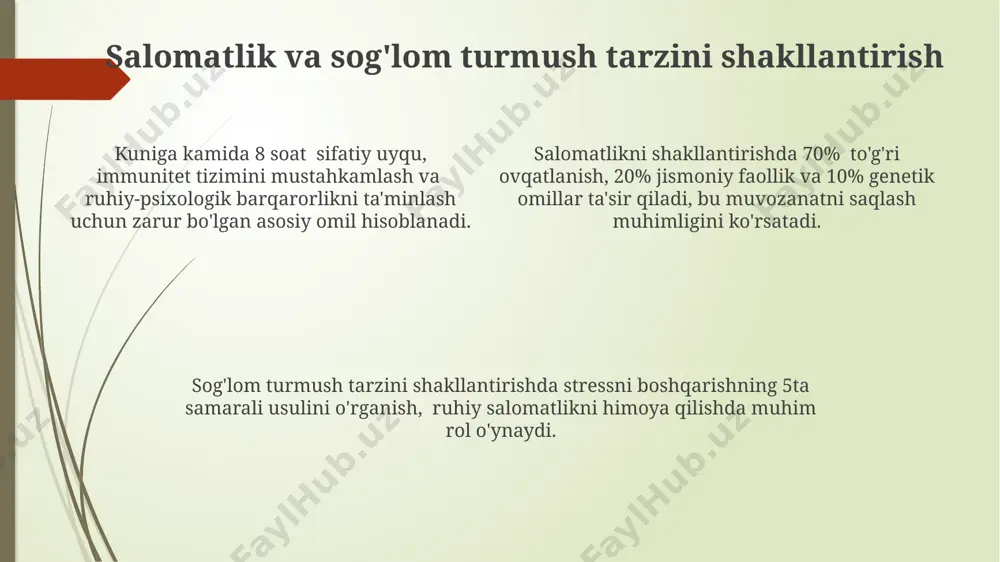 arishi mumkin. psixologik himoya mexanizmlarining 7tasiga yaqin turi mavjud boʻlib, ular stress va xavf-xatarlardan himoya qilish uchun ong osti darajasida ishlaydi, masalan, inkor etish yoki proyeksiya. sublimatsiya mexanizmi orqali, masalan, 10 dan ortiq turdagi salbiy tuygʻularni ijodkorlik yoki sport kabi ijtimoiy jihatdan qabul qilingan faoliyatlarga yoʻnaltirish mumkin. xotira va fikrlashni rivojlantirish xotirani yaxshilashning samarali usullaridan biri – mnemonik texnikalarni qo‘llash bo‘lib, bu xotira hajmini 2-3 baravar oshirishga yordam beradi va ma’lumotlarni uzoq muddat saqlash imkonini beradi. mulohazali fikrlashni rivojlantirish uchun mantiqiy topshiriqlar, 5-10 daqiqali brainstorming sessiyalari va muammolarni hal qilish bo‘yicha mashqlar muntazam bajarish kerak. fikrlash tezligini oshirishda asosiy rol o‘ynaydigan omil – ma’lumotlarni qayta ishlash tezligi bo‘lib, uni rivojlantirish uchun tezkor o‘qish texnikalari va konsentratsiya mashqlari muhim ahamiyatga ega. e'tiboringiz uchun rahmat @taqdimot_robot