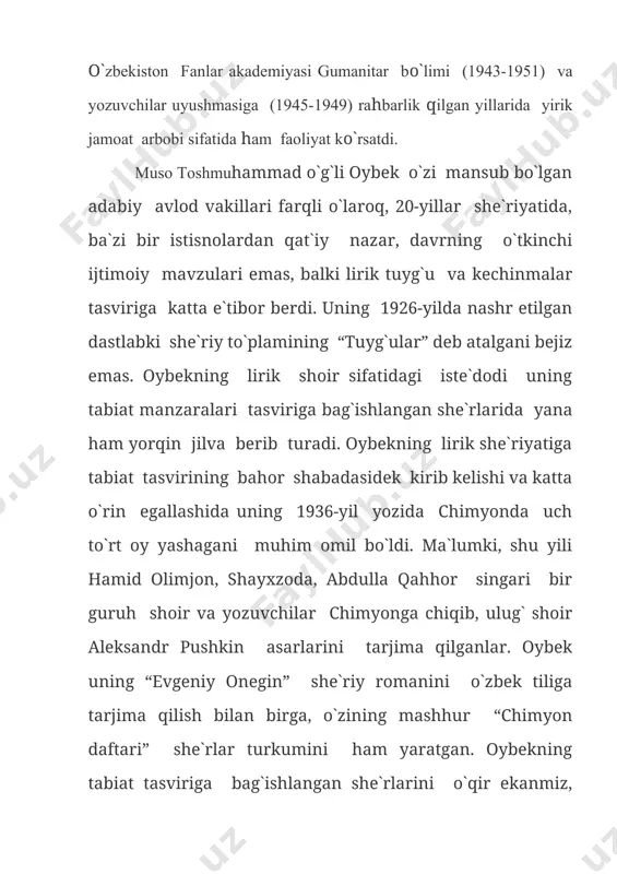 lmaydi sira, g`azabdan qaqragan ko`z. bu yo`llarning yaxidek labimda qotibdi so`z... oybek o`zbek adabiyotini o`zining bir qancha dostonlari bilan ham boyitgan sanatkor. “dilbar davr qizi” (1932), “navoiy” (1937), “qizlar” (1947), “davrim jarohati” (1965), “guli va navoiy” (1968) ana shunday asarlar sirasiga kiradi. shoir umrining so`nggi yillarida “temur” va “bobur” singari dostonlarni yaratish niyatida bu mavzuga qo`l uradi, ammo bu asarlar o`z nihoyasiga yetmay qoladi. 1937-yildan boshlab oybek she`riy va nasriy janrlarda baravar samarali ijod qiladi. 1941-yilda nashr etilgan “qutlug` qon” romaniga qadar kitobxonlar oybekni asosan shoir sifatida e`tirof qilganlar. uning “mash`ala” jurnalida bosilgan “globus” nomli hikoyasi ko`pchilikning yodidan allaqachon ko`tarilgan, “gulnor”, “fonischi ota” singari uch to`rtta hikoyasi esa umuman chop etilmagan. shuning uchun ham mazkur romanning paydo bo`lishi adabiy jamoatchilik uchun kutilmagan kashfiyot bo`lgan. o`zbekdek zulmga ham, xorlik-zorlikka ham, ochlik, yalang`ochlikka ham chidamli xalq bo`lmagan. u hatto yurtini egallab, nonini “tuya” qilib kelgan istelochilarni ham, o`zbekona mehmonnavozlik qonuniga ko`ra, boshiga …