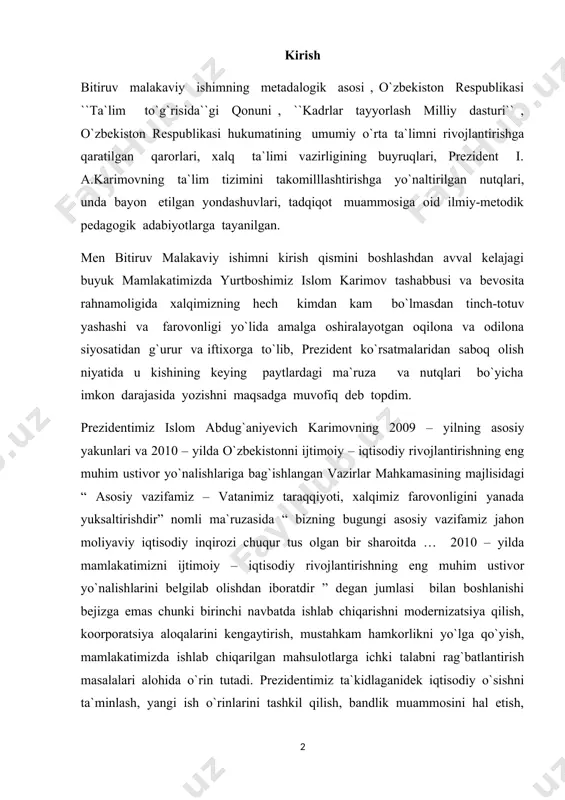 osiy yakunlari va 2010 – yilda о`zbekistonni ijtimoiy – iqtisodiy rivojlantirishning eng muhim ustivor yо`nalishlariga bag`ishlangan vazirlar mahkamasining majlisidagi “ asosiy vazifamiz – vatanimiz taraqqiyoti, xalqimiz farovonligini yanada yuksaltirishdir” nomli ma`ruzasida “ bizning bugungi asosiy vazifamiz jahon moliyaviy iqtisodiy inqirozi chuqur tus olgan bir sharoitda … 2010 – yilda mamlakatimizni ijtimoiy – iqtisodiy rivojlantirishning eng muhim ustivor yо`nalishlarini belgilab olishdan iboratdir ” degan jumlasi bilan boshlanishi bejizga emas chunki birinchi navbatda ishlab chiqarishni modernizatsiya qilish, koorporatsiya aloqalarini kengaytirish, mustahkam hamkorlikni yо`lga qо`yish, mamlakatimizda ishlab chiqarilgan mahsulotlarga ichki talabni rag`batlantirish masalalari alohida о`rin tutadi. prezidentimiz ta`kidlaganidek iqtisodiy о`sishni ta`minlash, yangi ish о`rinlarini tashkil qilish, bandlik muammosini hal etish, aholining daromadlari va farovonligini oshirishda tobora muhim о`rin tutayotgan kichik biznes va xususiy tadbirkorlikni jadal rivojlantirish, rag`batlantirish va qо`llab quvvatlashga alohida e`tibor qaratilishi о`zbekiston respublikasi oliy va о`rta maxsus ta`lim vazirligi tasarrufidagi oliy ta`lim muassasalari tayyorlab chiqaradigan biz kabi yoshlar bilan bevosita bog`liq. …