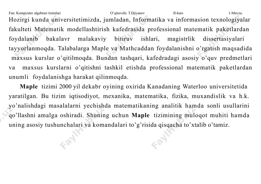 omonida ko’rsatilgan tugmalar yordamida bajarish mumkin. asosiy menyular satrining pastki qismida amalda tez-tez qo’llanilib turiladigan komandalarga biriktirilgan knopkalar ko’rsatilgan asosiy instrumentlar paneli joylashgan. bu knopkalar sichqoncha yordamida faollashtirilsa, ularga biriktirilgan komandalar bajariladi. panelning holati ishchi varaqdagi hujjatga bog’liq emas. bu panelning pastki qismida kontekstli instrumentlar paneli joylashgan. kursor ishchi varaqning qanday qismida joylashganligiga va qanday ma’lumotni ko’rsatib turishiga fan: kompyuter algebrasi tizimlari o’qituvchi: t.djiyanov ii-kurs 1-mavzu. qarab, kontekstli instrumentlar panelining holati o’zgarib turadi. panelning besh xil holati mavjud: ikki o’lchamli, uch o’lchamli, animasiyali grafiklar aks ettirilgan paytdagi holati va kursorni ishchi varaqning ma’lumot kiritish yoki chiqarish maydonida turishiga mos holatlari. kursor ma’lumotlarni kiritish maydonida turgan bo’lsa, kontekst menyuning holati komandalarni standart maple talqinida yoki standart matematik yozuvlar ko’rinishida yozilishiga qarab menyuning, komandalarni standart maple o’zgaradi. 1–shaklda kontekstli talqinida yoziladigan holatiga mos ko’rinishi tasvirlangan. maple ning interfeysida bir nechta oynadagi ishchi varaqlar bilan ishlash va . giperlavhalar yordamida ishchi varaqlarning biridan …