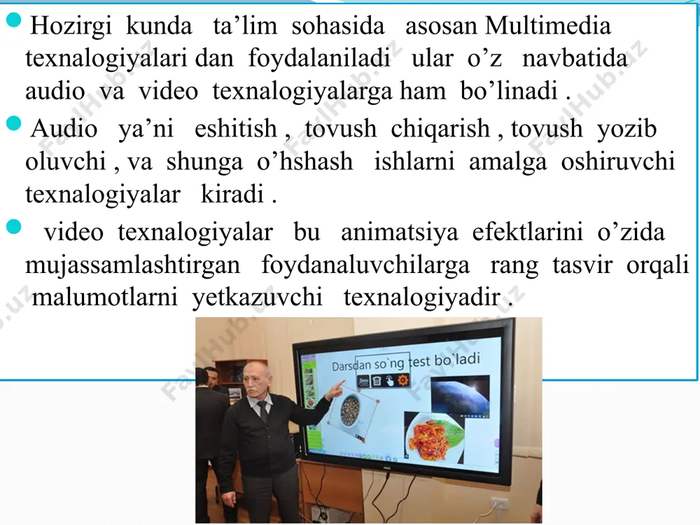 atishga harakat qilingan. buning uchun t. edison kinetofoni (aqsh, 1899), d. gomon xronefoni (fransiya, 1901), grammofon plastinkalaridan foydalanilgan. ammo sinxronlikka tasvir va fotografiyaga ovoz yozish uslubini kinolentada birga qoʻshib yozish va uni tako-millashtirish natijasidagina erishildi. ovozli .kino . tizimi 20-asrning 20-yillarida yuzaga keldi (aqsh, rossiya, germaniyada). aqsh ning mashhur kinosi charli chaplin ham birinchi ekranga chiqqanda ovozsiz faqatgina tasvirlar harakati holatida chiqan. keyinchalik unga ham turli xil orkestr musiqalaridan qo’shgan holda ovozli kinoga aylantirildi . oʻzbekiston kinosida ovozli kino davrini "qasam" filmi (1937, rej. a. usolsev) boshlab berdi. e’tiboringiz uchun rahmat! image2.jpeg image3.png image4.jpg image5.jpeg image6.jpeg image7.jpeg image8.jpeg image9.jpeg image10.jpeg image11.jpeg image12.jpeg image13.jpeg image14.png image15.png image16.png image17.png image18.jpg image19.jpg /docprops/thumbnail.jpeg