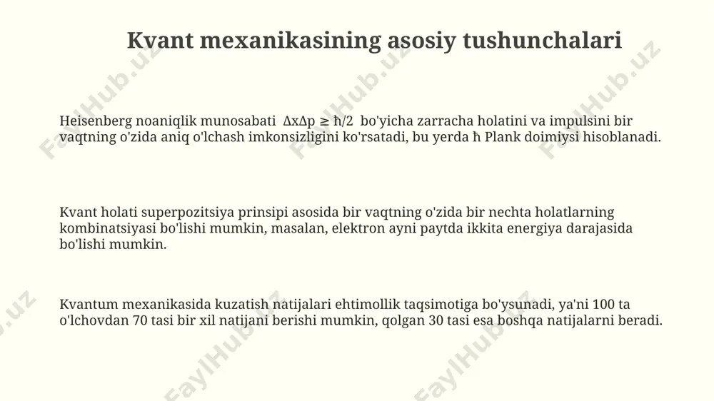 harmonik ostsillyatorning energiya darajalari teng masofadagi 0, ħω, 2ħω, 3ħω va hokazolar bilan ifodalanadi, bu yerda ħ – plankning kamaytirilgan konstantasidir va ω – ostsillyatorning burchak chastotasi. kvant harmonik ostsillyatorning to'lqin funksiyalari hermit polinomlari yordamida ifodalanadi va bu polinomlarning darajasi energiya darajasiga mos keladi, masalan, n=0 darajasi uchun 0-darajali hermit polinomi ishlatiladi. nosimmetrik potensial quduqda harakatlanuvchi zarrachaning kvant mexanik xususiyatlarini modellashtirishda kvant harmonik ostsillyatori muhim rol o'ynaydi, masalan, ikki atomli molekulalarning tebranishlarini ta'riflashda qo'llaniladi. kvant mexanikasi va zamonaviy fizika zamonaviy fizikaning asosiy tamoyillaridan biri bo'lmish superpozitsiya printsipi, kvant sistemasining bir vaqtning o'zida bir nechta holatlarda bo'lish imkoniyatini tasvirlaydi, masalan, 2 ta holatning 50/50 superpozitsiyasi. kvant mexanikasi 20-asr boshlarida paydo bo‘lib, klassik fizikaning 10⁻⁹ metrdan kichik masofalardagi hodisalarni tushuntirishdagi ojizligini bartaraf etdi. kvant mexanikasi yordamida atom yadrosining tuzilishi, radioaktivlik va boshqa ko'plab 10⁻¹⁵ metr masshtabli fizik hodisalarni aniq tushuntirish mumkin. kuantlash va diskretlik diskretlik tufayli, fizik miqdorlar (masalan, energiya, impuls) uzluksiz …